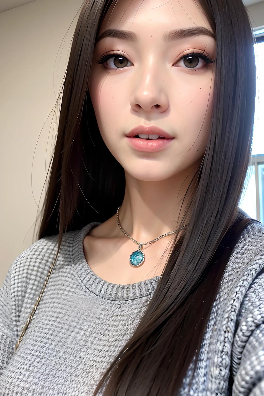 (RAW photo: 1.2), (photorealism: 1.4), (masterpiece: 1.3), (best quality: 1.4), fabulous, (detailed eyes), (detailed facial features), (detailed clothing features), tight skin, (shiny skin), (slim girl), (slim girl), 1girl, solo, pretty, innocent, smiley face, VirtualGirl, Aim, (medium chest), bangs, straight hair, long hair, black hair, black eyes, crystal pendant, grey sweater, high-heeled shoes, bottomless, close-up, close up face