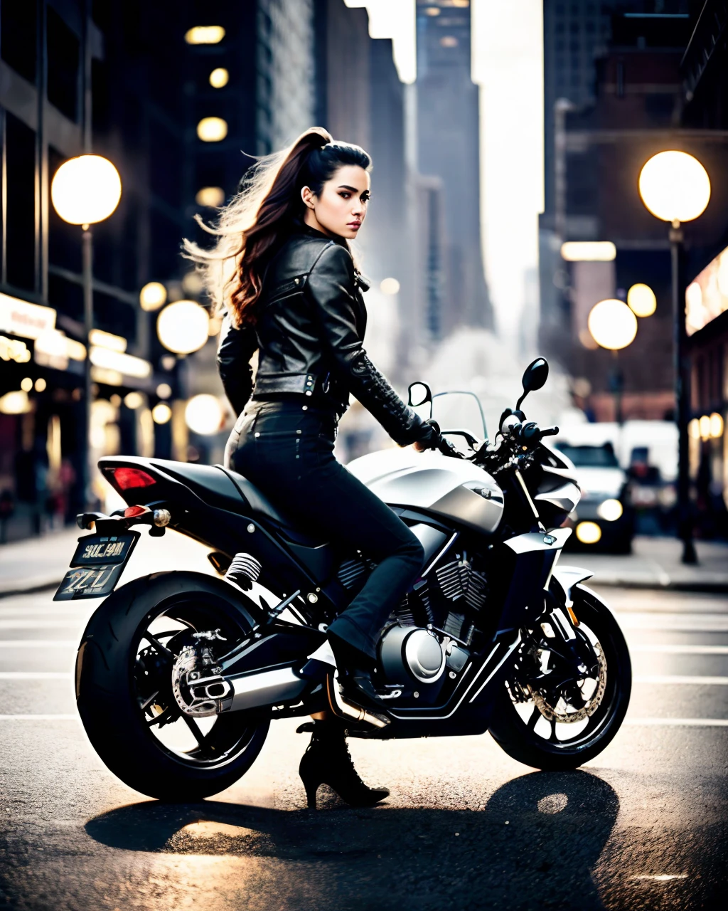 Modelshoot style, (very detailed 8k wallpaper), a mid-range shot of a beautiful star-chaser girl from New York walking down the street at night, with a stylish motorcycle parked behind her, leather style, perfect composition, insanely detailed octane value with intricate details, 8k art photography, realistic conceptual art, soft natural volumetric film, perfect light