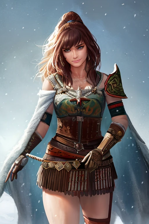  Better with salt, western art style, detailed face, realistic face expression, sweaty skin, snowstorm lighting, gloomy lighting, blizzard scenery, best quality, masterpiece, 1girl, solo, Mischievous half smile, , Warrior viking woman, snow particles, Arctic tundra, embroidered shoulder pauldrons, wolf skin cape, western RPG character painting warrior (masterpiece:1.4) (best quality:1.4) (8k) (HDR) (wallpaper) (cinematic lighting) (sharp focus) (intricate) (Style-Sylvamagic:0.5) (EvelynNobodySD15:1.0) 