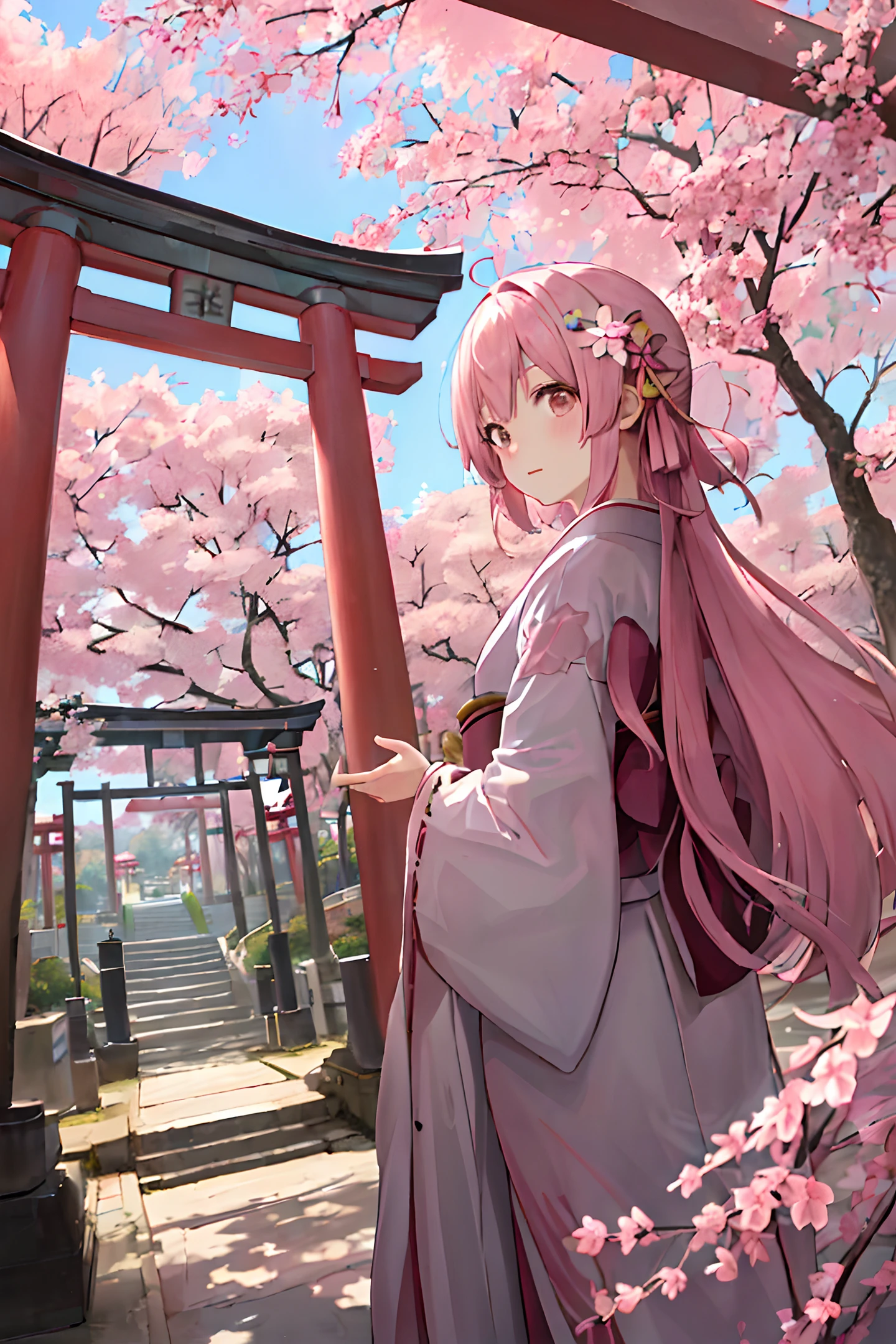 ((Masterpiece, Best Quality)), featuring a lovely girl with soft pink hair and gray eyes, dressed in a stunning white and pink kimono, standing gracefully amidst lush, blooming Sakura trees with a Torii gate in the peaceful background.