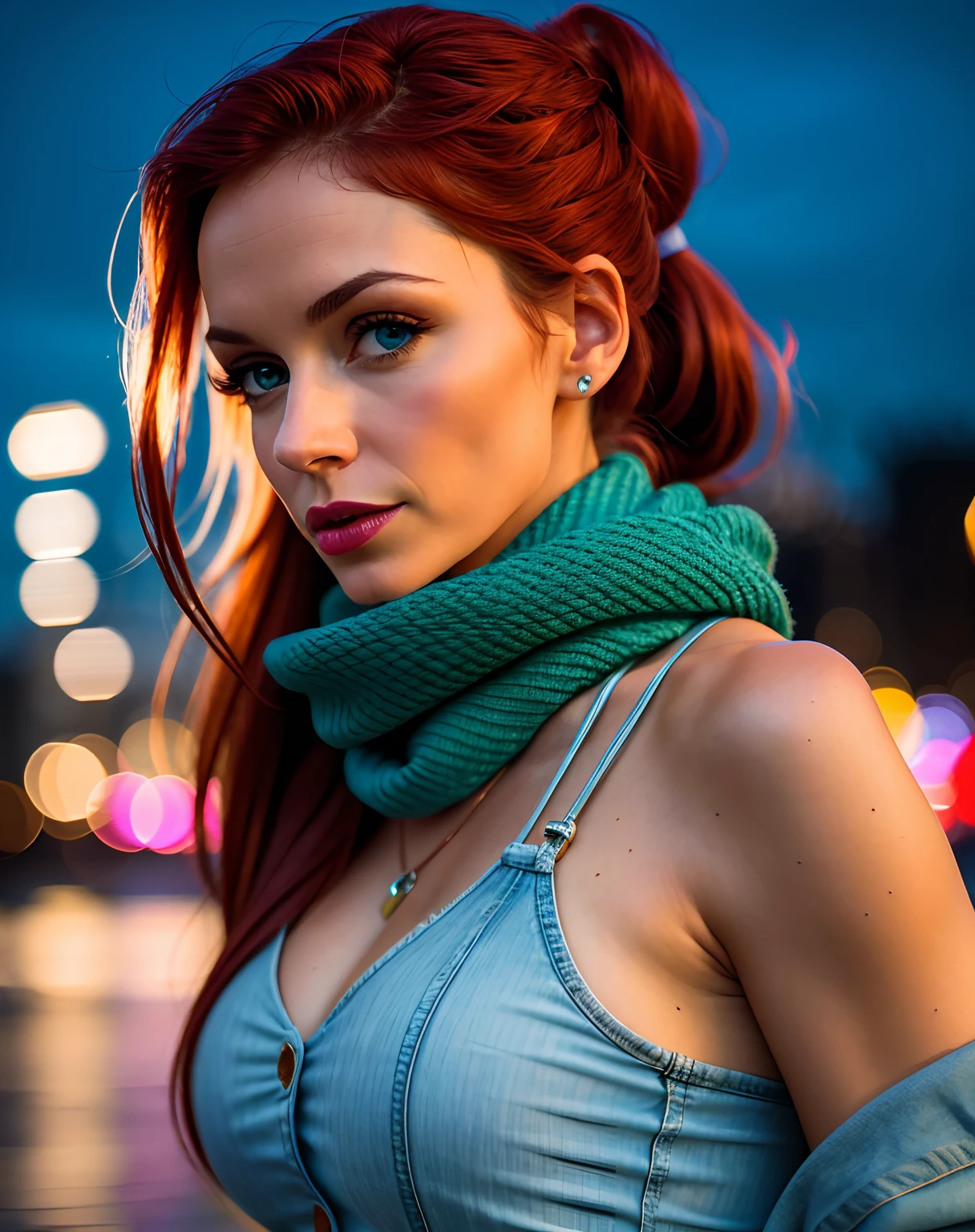 low angle photo of a gorgeous, 38 year old woman, blue eyes, milf, healthy skinny,short, clean skin texture, small, big lips, little noose, sexy, wearing, coat, tight jeans, scarf, (red long hair in ponytail), redhead, red hair, slightly opened mouth,
insanely detailed eyes, little boops, tiny boops, small tits, small perky breasts(perky breasts), perky, skinny,
2/3 body crop, 8 mm art lens, f 1. 1, sharp focus, 8 k high definition, insanely detailed, photorealistic,
big shoulder, little neck, long lash, full lips, big lower lip, pink lips, firm breast, firm pushup, push up, firm chest, posing outside in the night city, night lights, city lights.