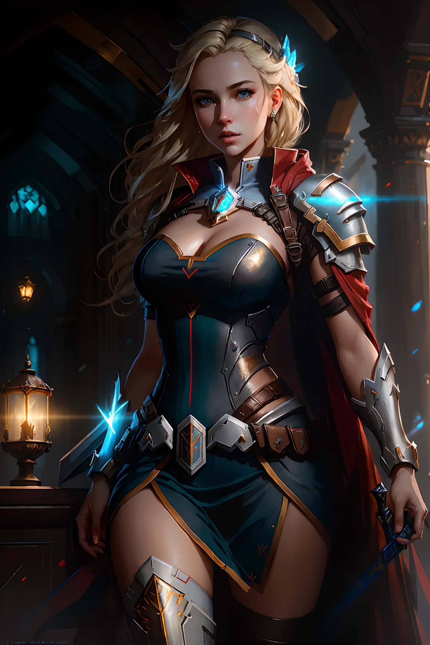 modelshoot style, (extremely detailed 8k CG wallpaper), sexy full body photo of the most beautiful artwork in the world, medieval armor, professional majestic oil painting by Ed Blinkey, Atey Ghailan, Studio Ghibli, by Jeremy Mann, Greg Manchess, Antonio Moro, Trending at ArtStation, Trending at CGSociety, Intricate, High Detail, Sharp Focus, Dramatic Photorealistic Art by Midjourney and Greg Rutkowski, Mercy \(overwatch\), perfect face, (blonde hair), realistic eyes, ((blue eyes)), Vampire Girl, Magic Sword, Full Body Visible, Head to Toe .