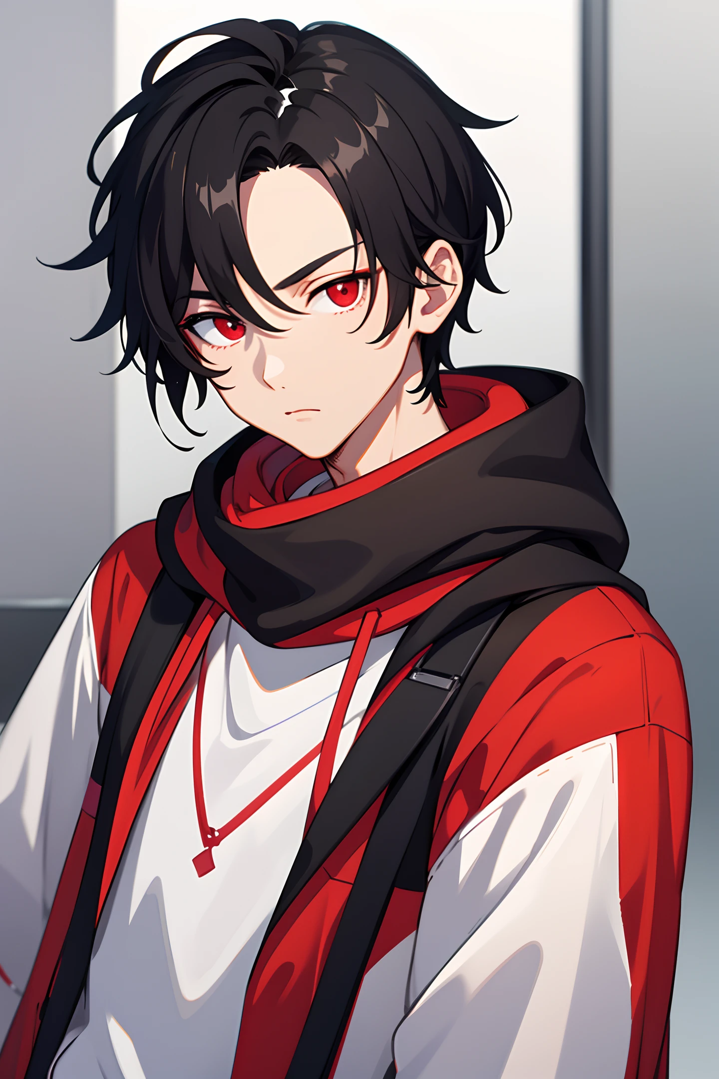 1 boy, handsome boy, black hair, comma hair, forehead comma hair, korean hair, street style, hoodie, white background, shiny, Red eyes, looking at viewer, upper body
,An extremely attractive and stylish Korean boy with black and comma hair wearing a trendy street style hoodie, set against a clean white background. The boy's sparkling red eyes lock intently with the viewer in a captivating and alluring gaze.