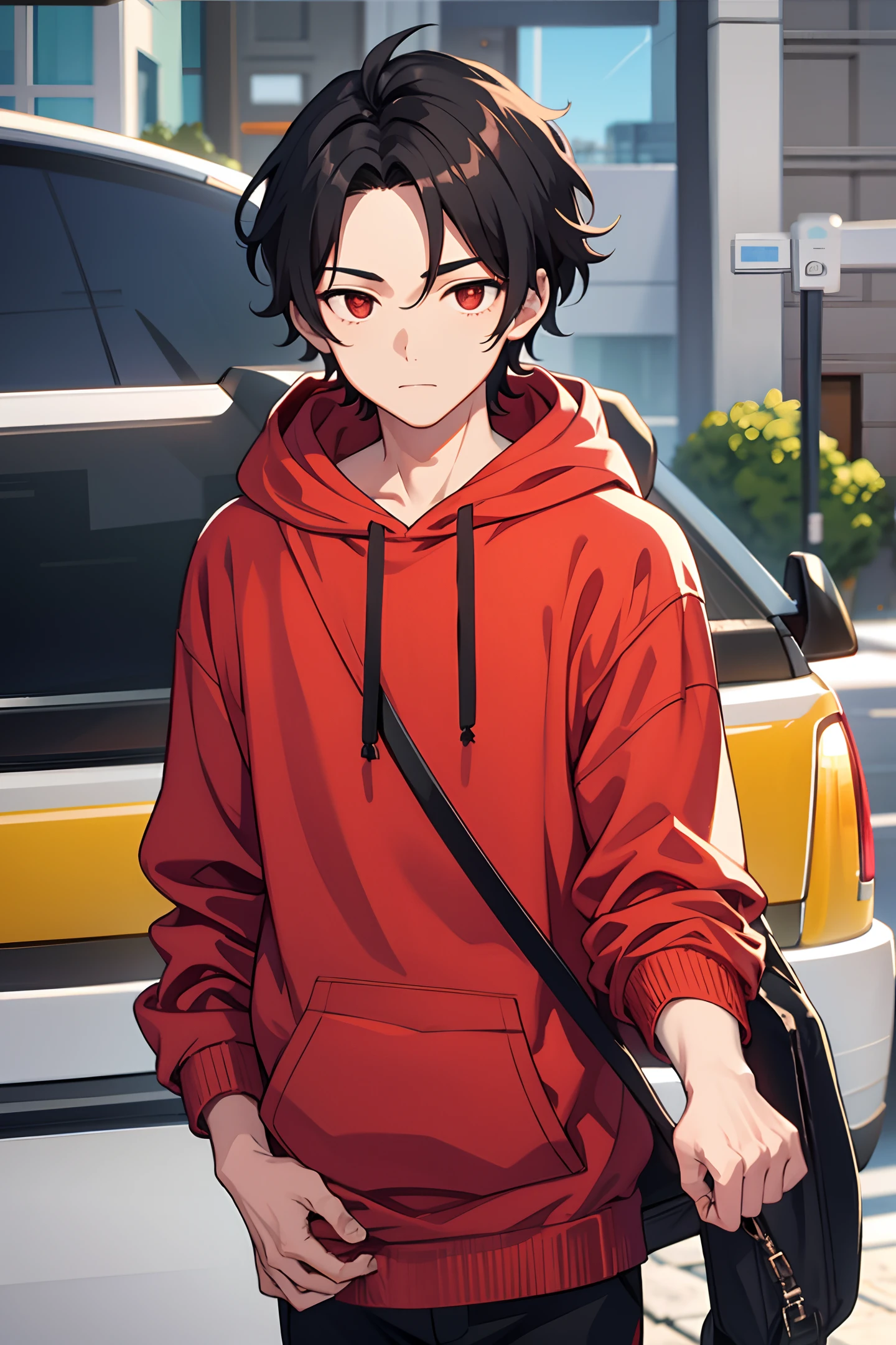 1 boy, handsome boy, black hair, comma hair, forehead comma hair, korean hair, street style, hoodie, shiny, Red eyes, looking at viewer, upper body