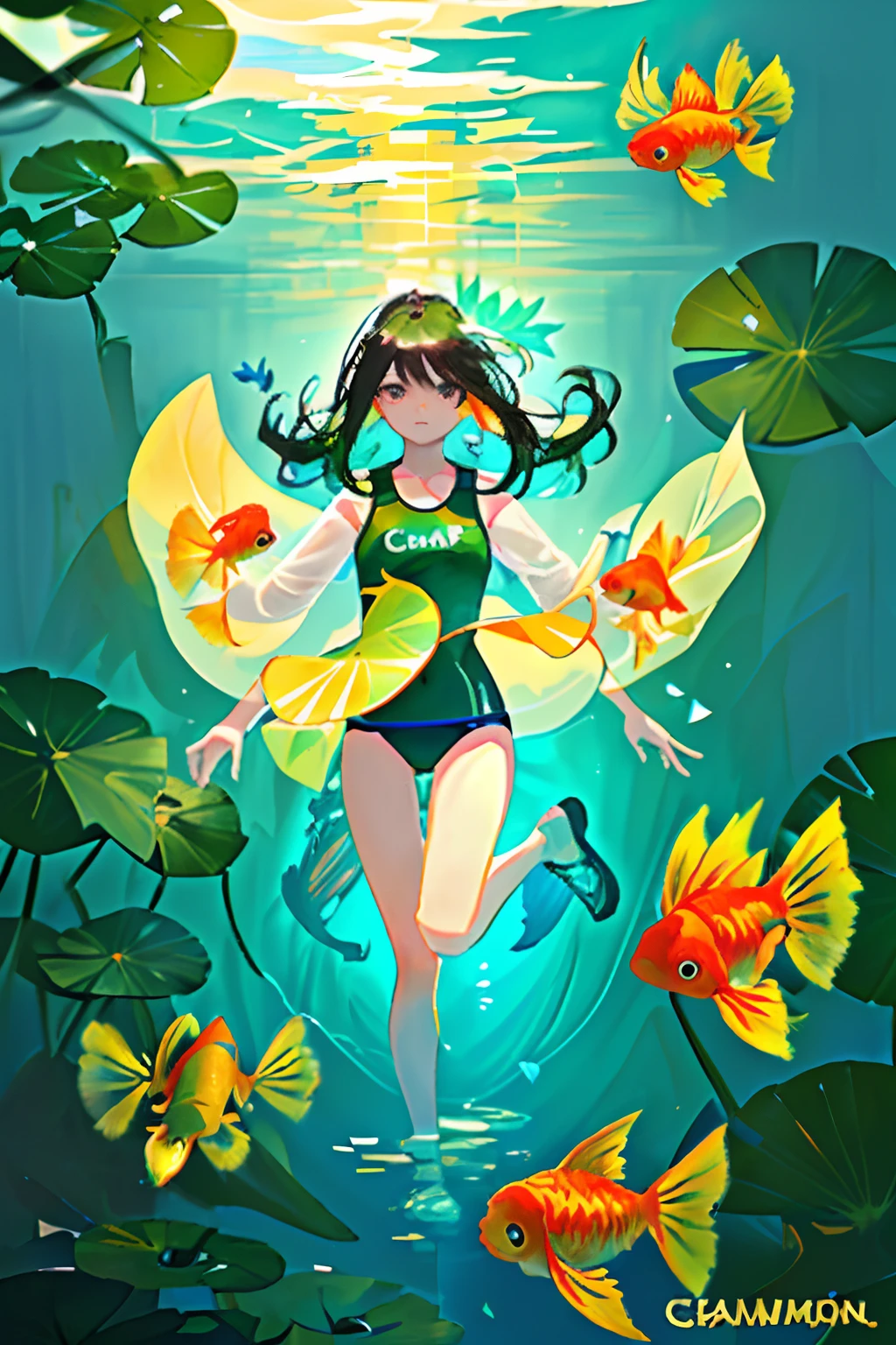 visual novel, swimsuit, lotus leaf, lake bottom, underwater, colorful fish, goldfish, long hair, black hair, sunshine