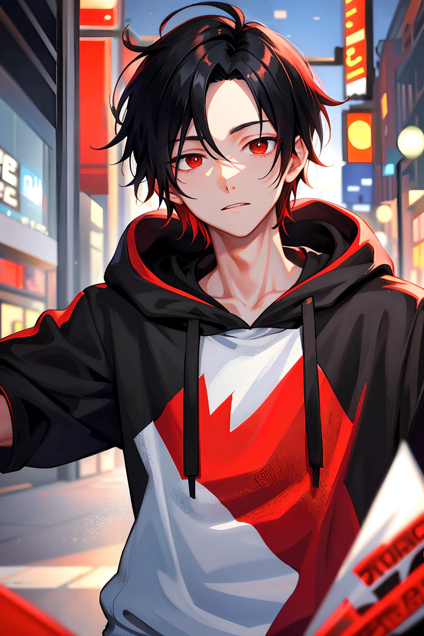 1 boy, handsome boy, black hair, comma hair, forehead comma hair, korean hair, street style, hoodie, white background, shiny, Red eyes, looking at viewer, upper body
,"A handsome boy with black hair, a distinctive comma hair and a Korean style, wearing a street style hoodie, standing against a bright white background, his red eyes fixating on the viewer, all rendered with an Impressionistic touch that lends the image an added depth and zest (Impressionism: 1.4)."