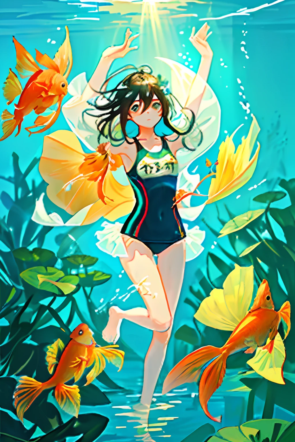 visual novel, swimsuit, lotus leaf, lake bottom, underwater, colorful fish, goldfish, long hair, black hair, sunshine