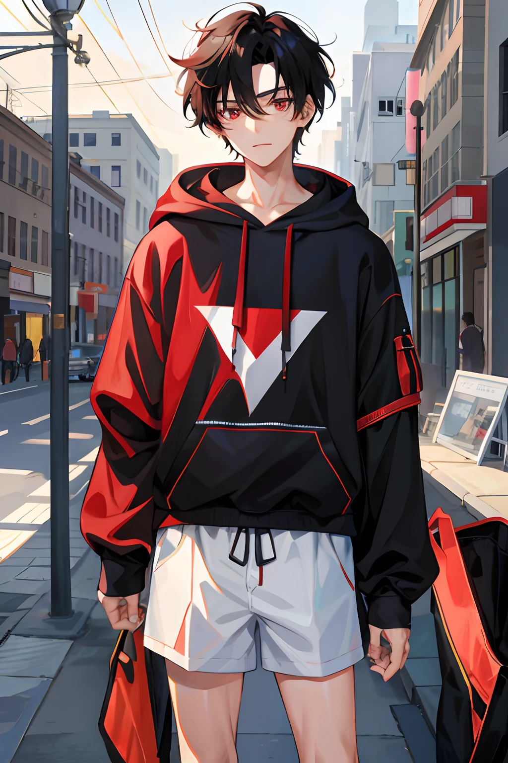 1 boy, handsome boy, black hair, comma hair, forehead comma hair, korean hair, street style, hoodie, white background, shiny, Red eyes, looking at viewer, upper body