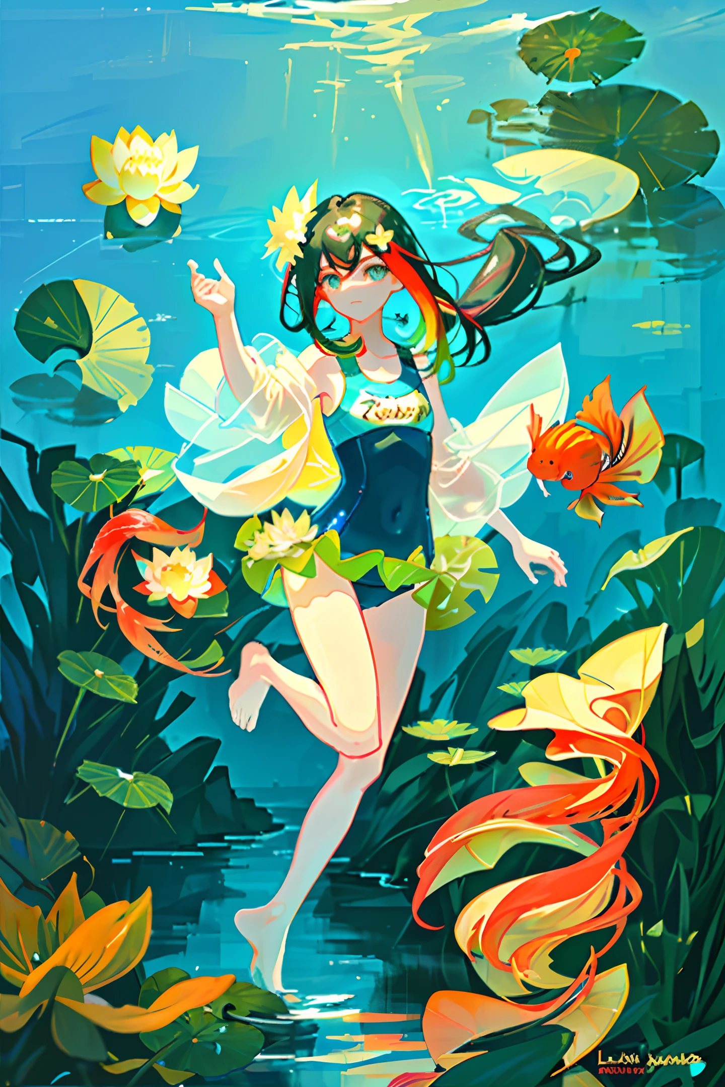 visual novel, swimsuit, lotus leaf, lake bottom, underwater, colorful fish, red carp, long hair, black hair, sunshine