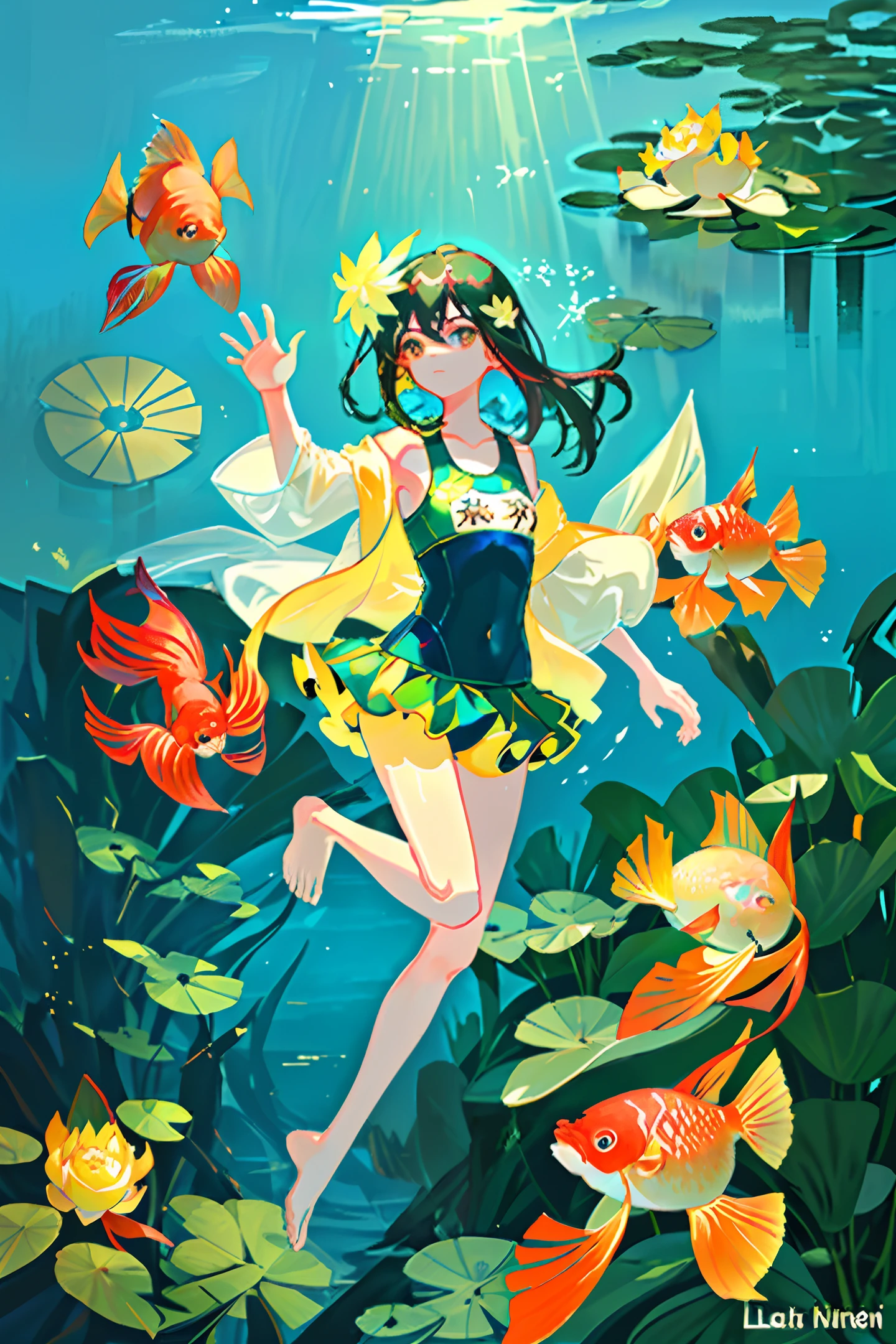 visual novel, swimsuit, lotus leaf, lake bottom, underwater, colorful fish, red carp, long hair, black hair, sunshine