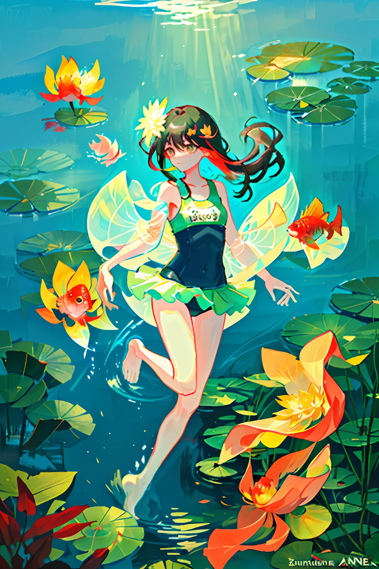 visual novel, swimsuit, lotus leaf, lake bottom, underwater, colorful fish, red carp, long hair, black hair, sunshine