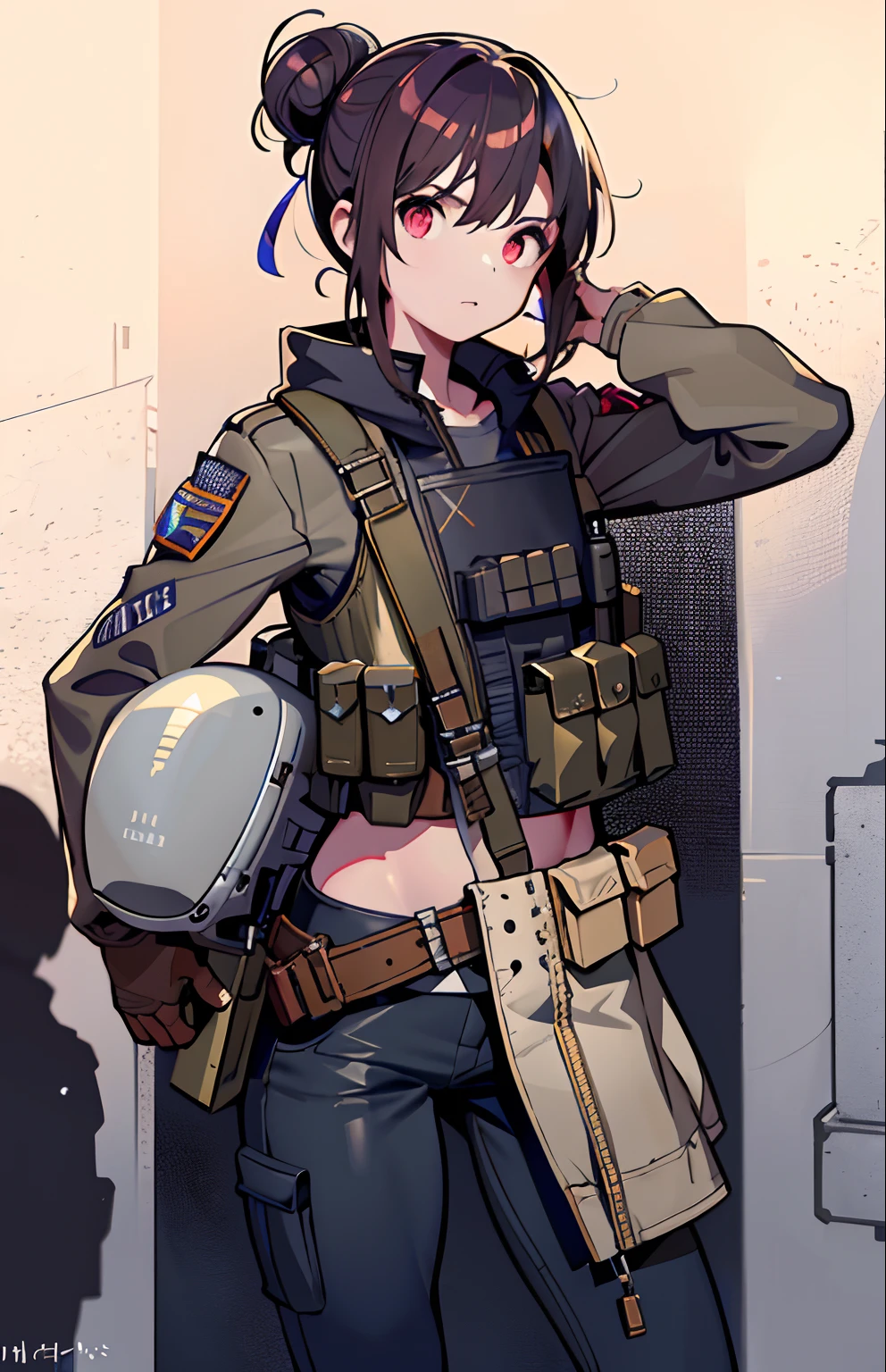 Mediterranean Girl, (clear eyes), (detailed iris), wearing desert color American military equipment, (modern soldier), (military holster), (dark hair), (messy bun), (vibrant eyes), (red eyes), (tonned skin), (light tan), (olive skin), (casual clothing), (military pants), (well covered outfit), (delicate features), (small chest), (large hips), (thick thighs), (thin waist). Tatsuya Endo, Greg Rutkowski, Pixiv, Artstation