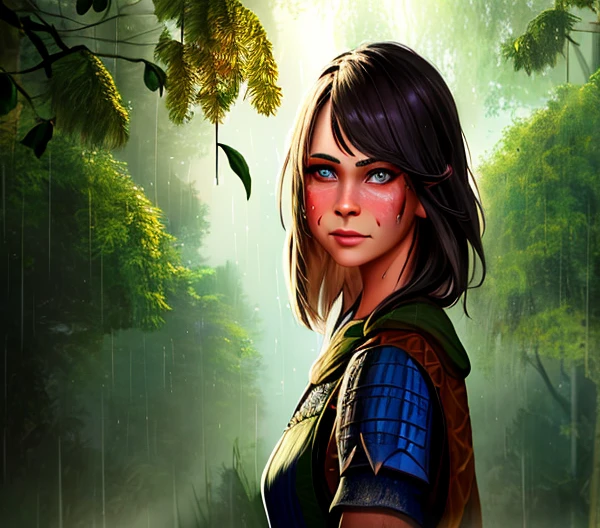 Mischievous girl, winkingdaisys, Mal Malloy, natural clothes, detailed face, hyper realistic facial expression, leaf armor, rainforest druid, , Better with salt, western art style, sweaty skin, rainstorm scenery, side lighting, dark scenery, thunderstorm gloom atmosphere, rain particles catching light, volumetric lighting, best quality, masterpiece, 1girl, western RPG character painting warrior (masterpiece:1.4) (best quality:1.4) (8k) (HDR) (wallpaper) (cinematic lighting) (sharp focus) (intricate) (Style-Sylvamagic:0.5) (EvelynNobodySD15:1.0) 