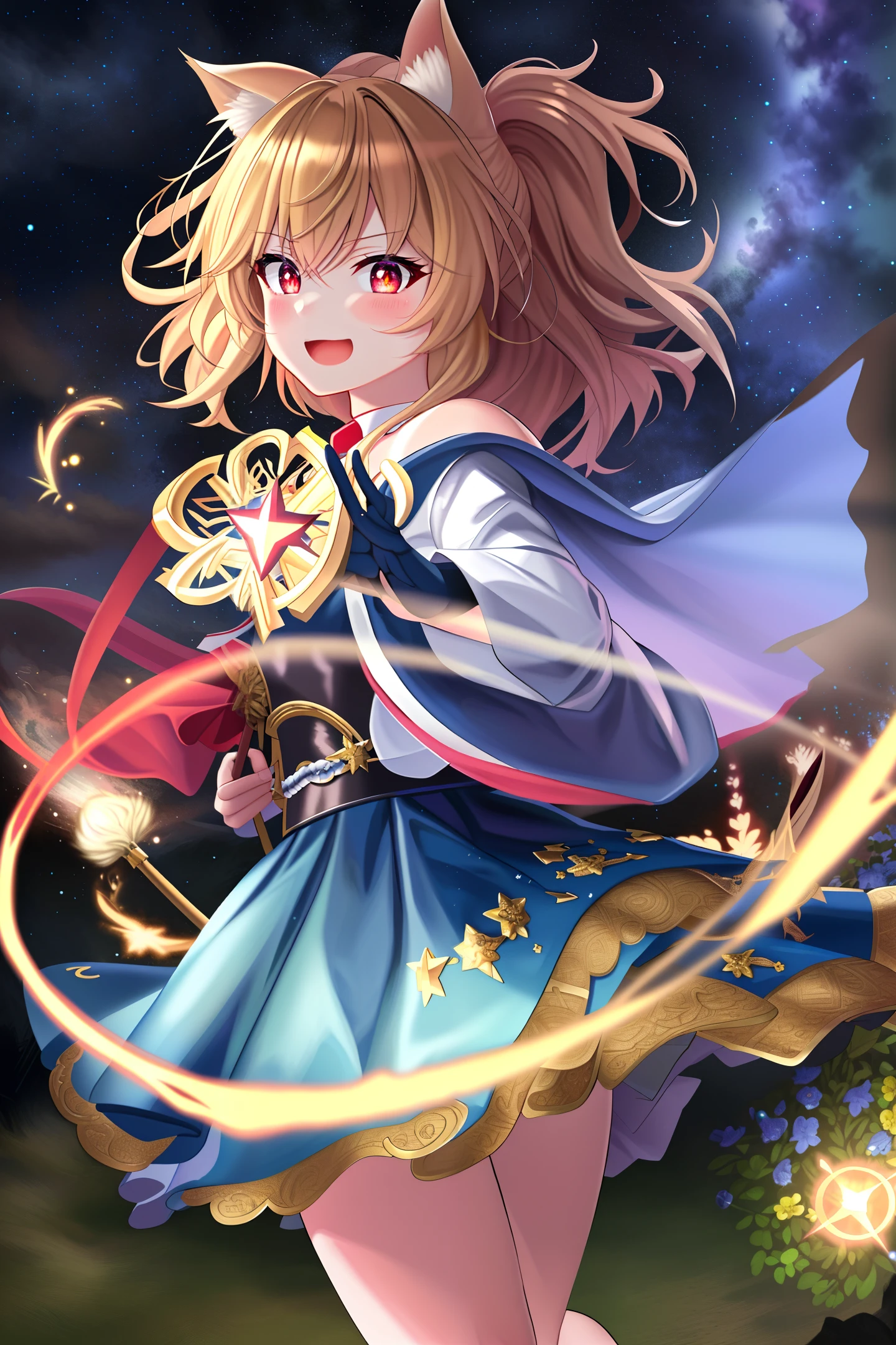 Fury, (masterpiece)), (best quality)), (ultra-detailed)), (ultra-detailed)), (ultra-detailed)), (ultra-detailed)), (ultra-detailed)), (illustration), dynamic angle, magic wand, night sky, starry sky, forest, blue gloves, miko, dark leg decoration, witch, medium_eyes, cat tail, constricted pupils, red eyes, heart ahoge, blonde hair, fighting pose, looking at another one, Izumi Misaki Rori, Lori, Nobita Maiden, Master Blue robe