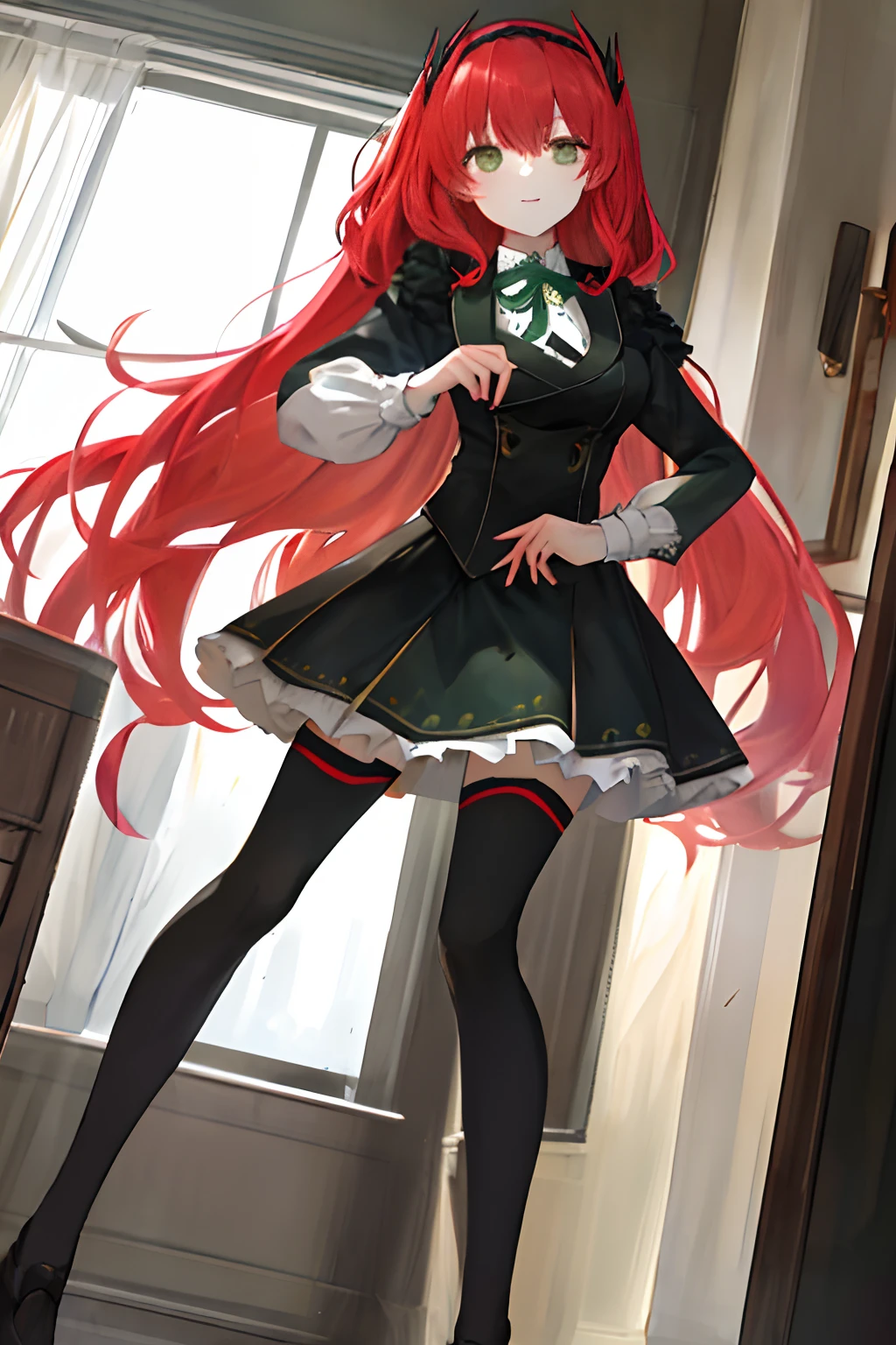 “One has six insect-like limbs, spider-like l'ansane, extra insect legs, six spider legs, cobweb, red hair, green headband, green ribbon, green eyes, white shirt, green tie, big breasts, scary and alluring, high resolution.