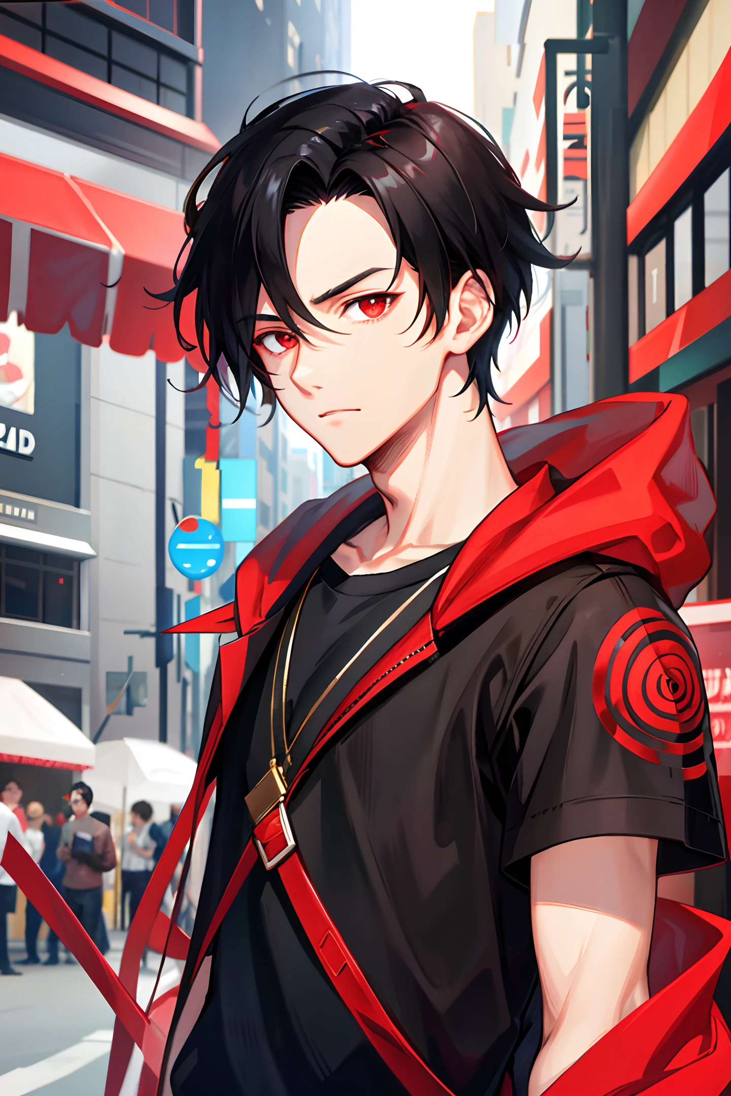 1 boy, handsome boy, black hair, comma hair, forehead comma hair, street style,, shiny, Red eyes, looking at viewer, upper body,  megazine cover