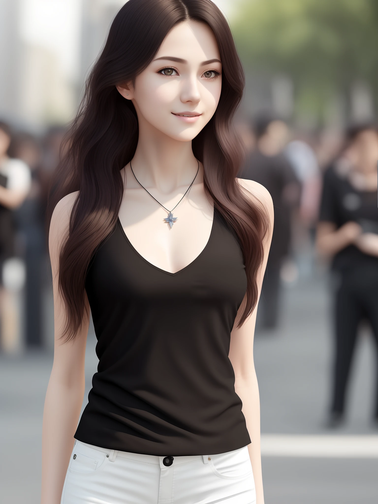 (Highly detailed CG Unity 8K wallpaper), (masterpiece), (best quality), (super detailed), (best illustration), (best shadows), (best shadows), (photorealistic:1.4), (pureerosface_v 1:0.5), real human skin, lens flare, shade, backlight, depth of field, natural light, hard focus, film particles, view viewers
1 girl, 21 years old, solo, skinny, shirt, hot pants, black mask, necklace, smile, pale skin, soft lips, (light eyebrow: 1.4), brown eyes, long black wavy hair, (small breasts),
street (crowd: 1.2)