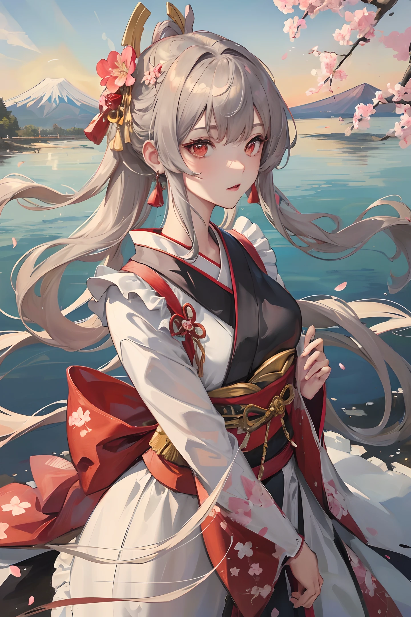 ((Masterpiece)), ((High quality)), a beautiful Japan Modern Destroyer Kongo brought to life as an Anime Girl. She has silver bronze hair, red eyes, and wears a mixture of a maid and traditional kimono outfit. A red triangle halo hovers above her head as she stands with her long hair blowing in the gentle breeze, surrounded by cherry blossoms at port. In the distance, the majestic Mount Fuji looms in the background,high quality hands