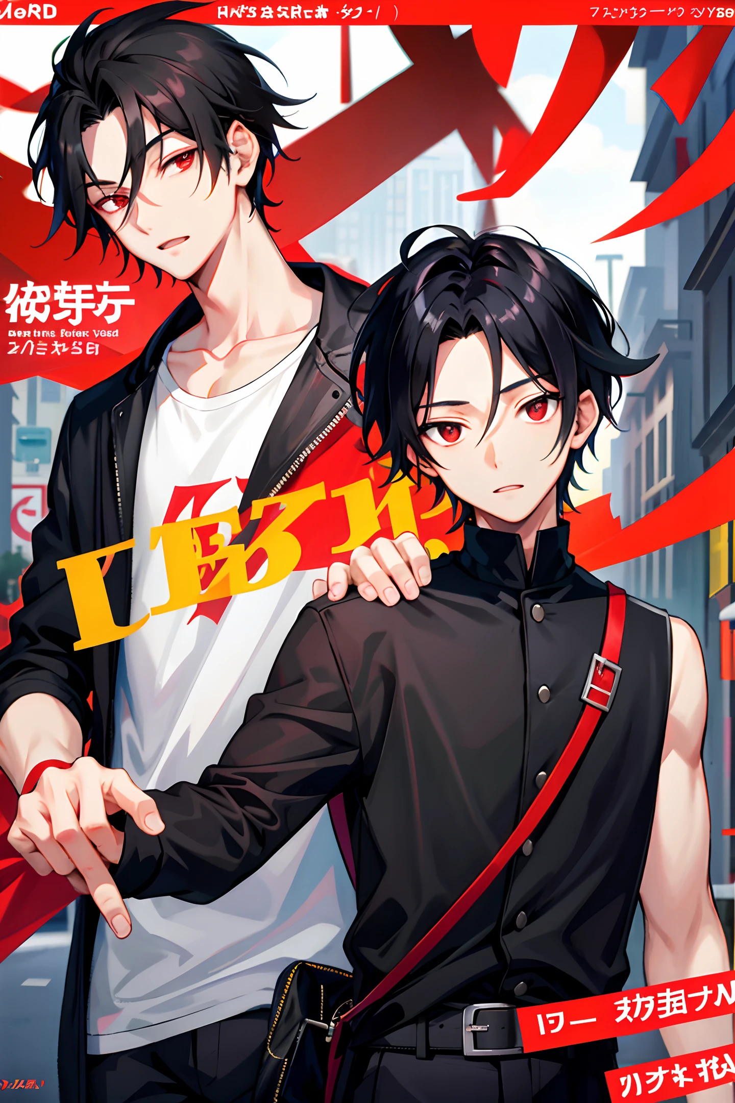 1 boy, handsome boy, black hair, coma hair, comma hair forehead, street style,, shiny, red eyes, looking at the viewer, upper body, megazine cover