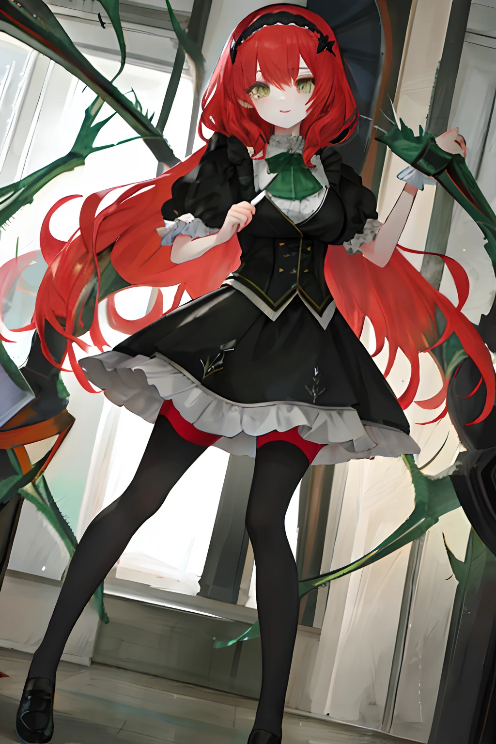 “One has six insect-like limbs, spider-like l'ansane, extra insect legs at the back, cobwebs, red hair, green headband, green ribbon, green eyes, white shirt, green tie, big breasts, scary and alluring, high resolution.