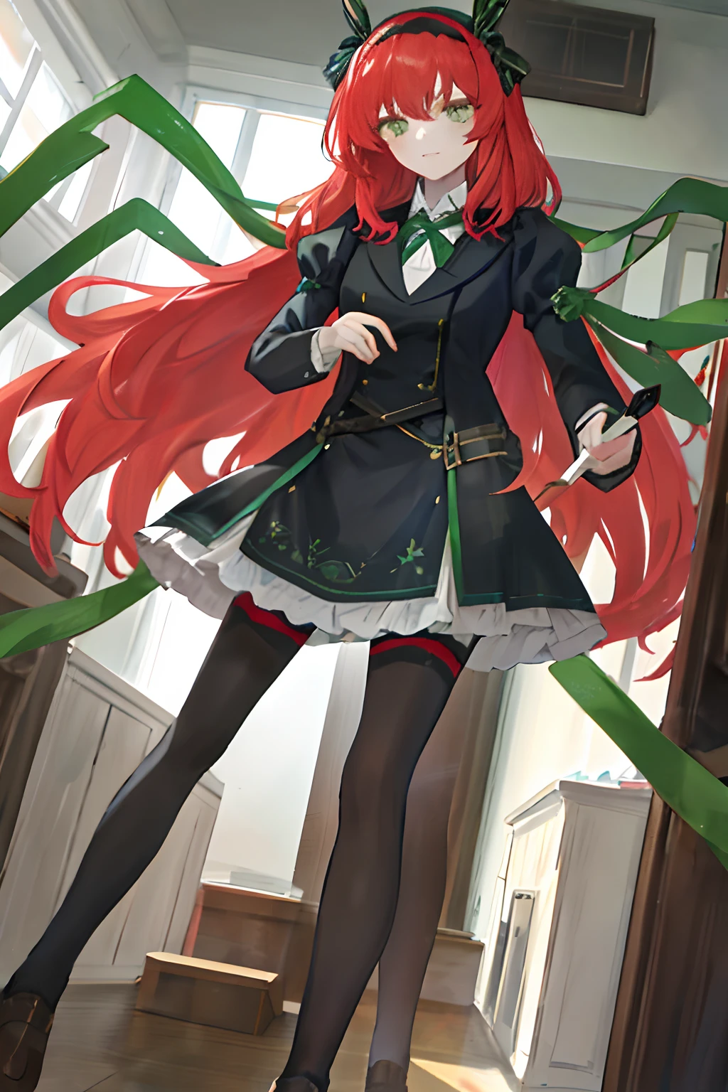 “One has six insect-like limbs, spider-like l'ansane, extra insect legs at the back, cobwebs, red hair, green headband, green ribbon, green eyes, white shirt, green tie, big breasts, scary and alluring, high resolution.