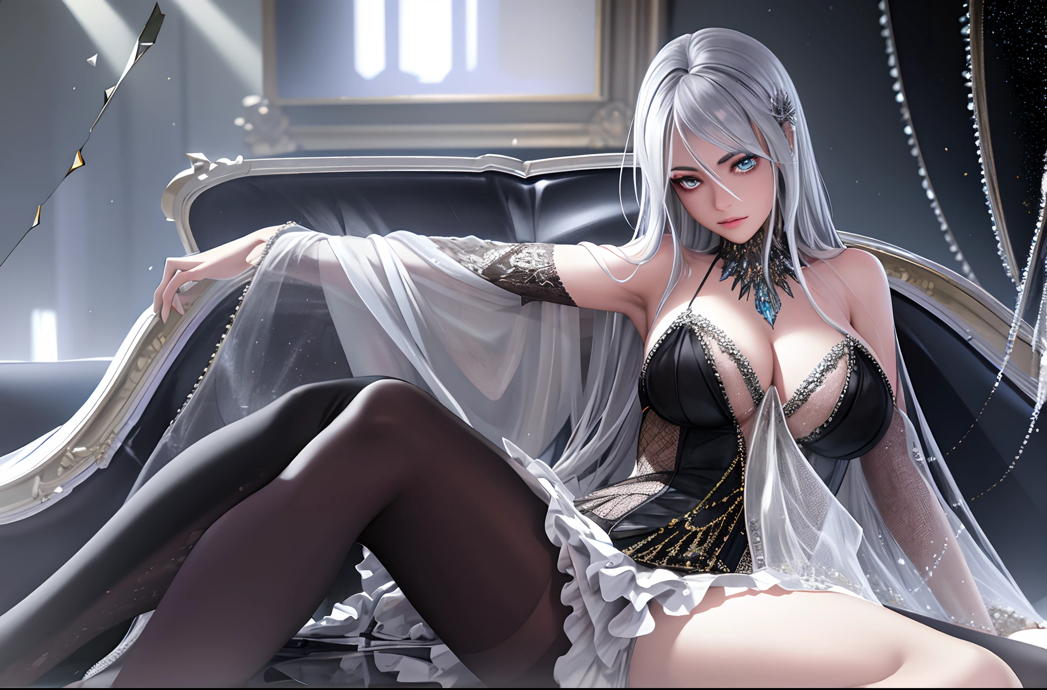 (photorealistic:1.4), (masterpiece, sidelighting, finely detailed beautiful eyes: 1.2), masterpiece*portrait, realistic, 3d face, glowing eyes, girl, female, shiny silver hair,, messy hair, brown eyes, novelty, , gray best with ornament, lustrous skin, solo, , wine in glass, blood splatter, swirling black light around the character, depth of field,black light particles,(broken glass), sitting on floor beside a sofa,