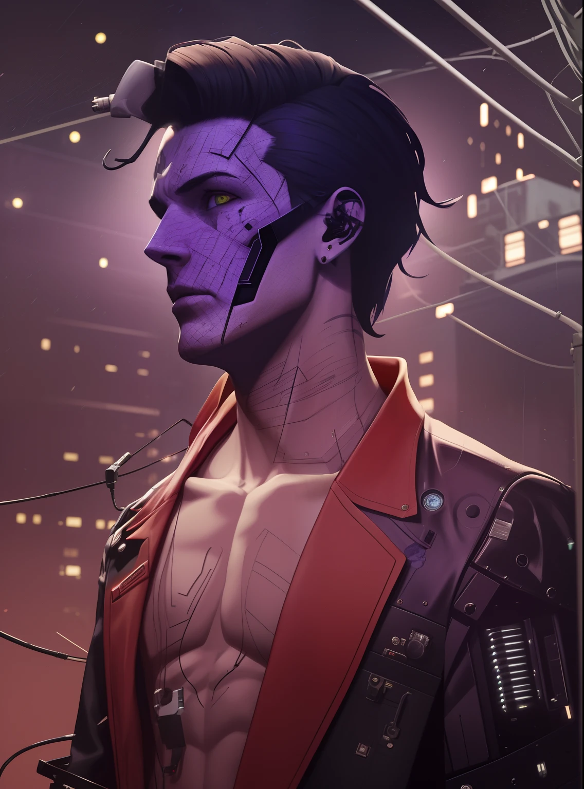a male cyberpunk noir detective, skulls, wires cybernetic implants, machine noir grimcore, in the style of adrian ghenie esao andrews jenny saville surrealism dark art by james jean takato yamamoto and by ashley wood and mike mignola , 8k uhd, octane render, 4k, HDR, dynamic lighting