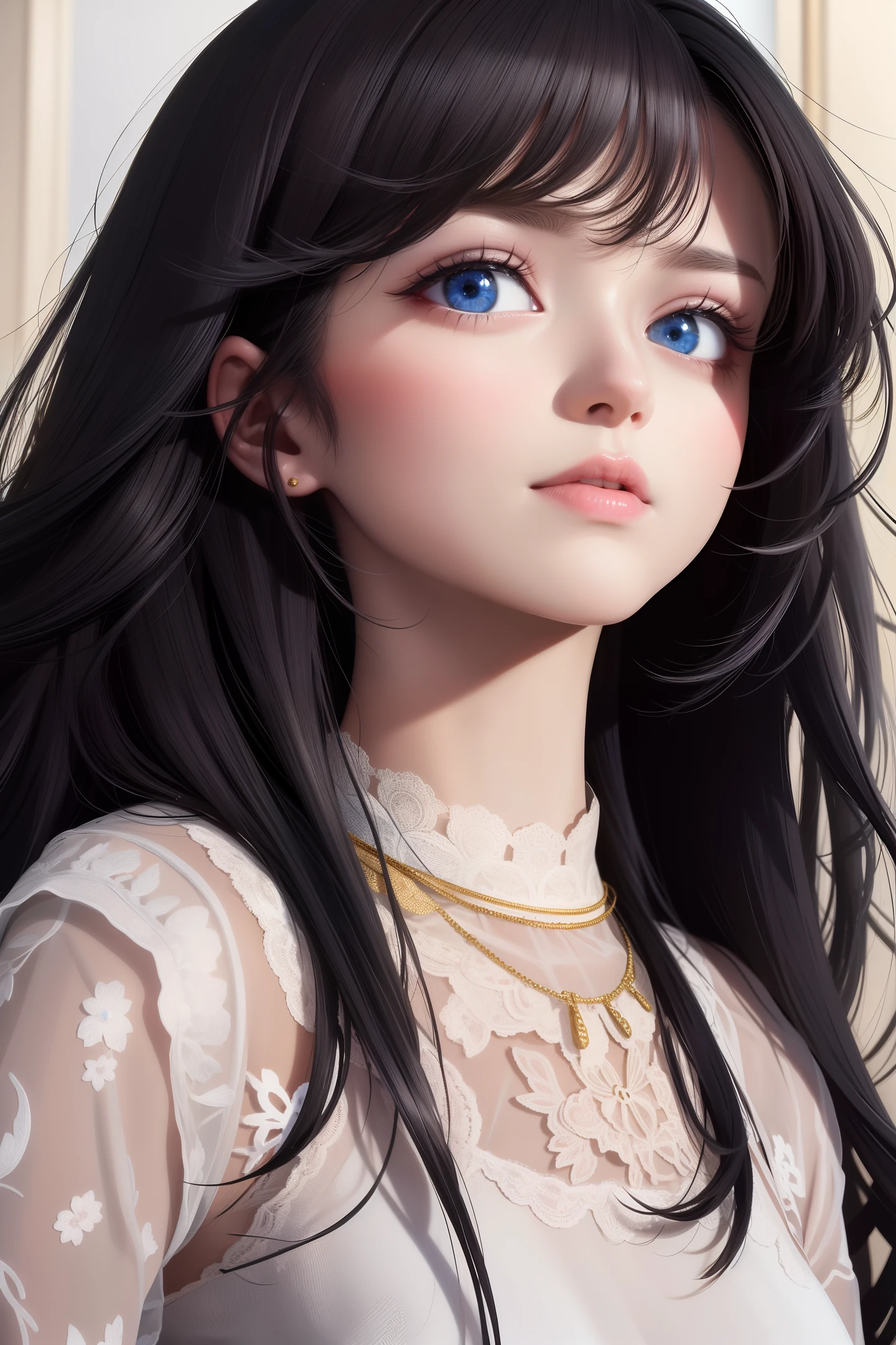 best quality, masterpiece, black hair, blue eyes, looking up, upper body