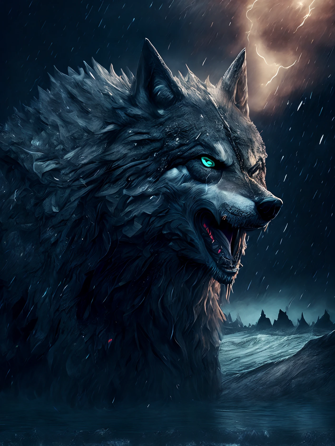 Wolf God, surreal, tense, cold, highly detailed, sharp, professional, 8k UHD, movie, dark, violent, outdoor, river, battle, chase, dramatic, vivid, tense atmosphere, rendering, epic, twilight, HDR, album cover, blizzard, lightning, disaster