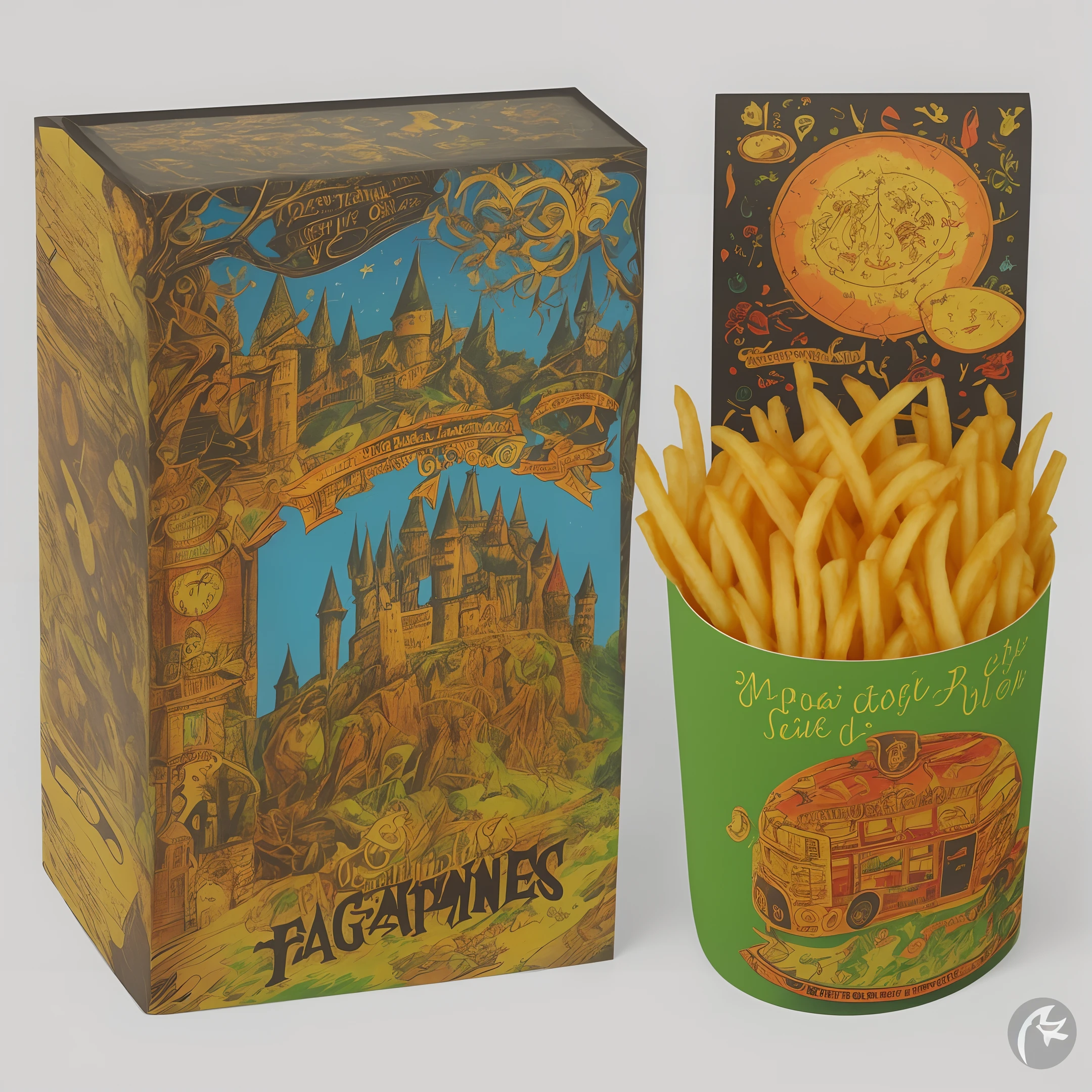 For example, french fries, fast food packaging, magical world, black gold, orange, green, brown, magic wands, wizards, wizards, owls and other iconic elements, magic book forms, foldable, flipable structures, etc., the four major representative college colors, Sri Wagon fonts, gothic fonts, magic rune patterns, mysterious ancient fonts, “magic chips”, “wizard food”, Hogwarts and other text descriptions, etc.,