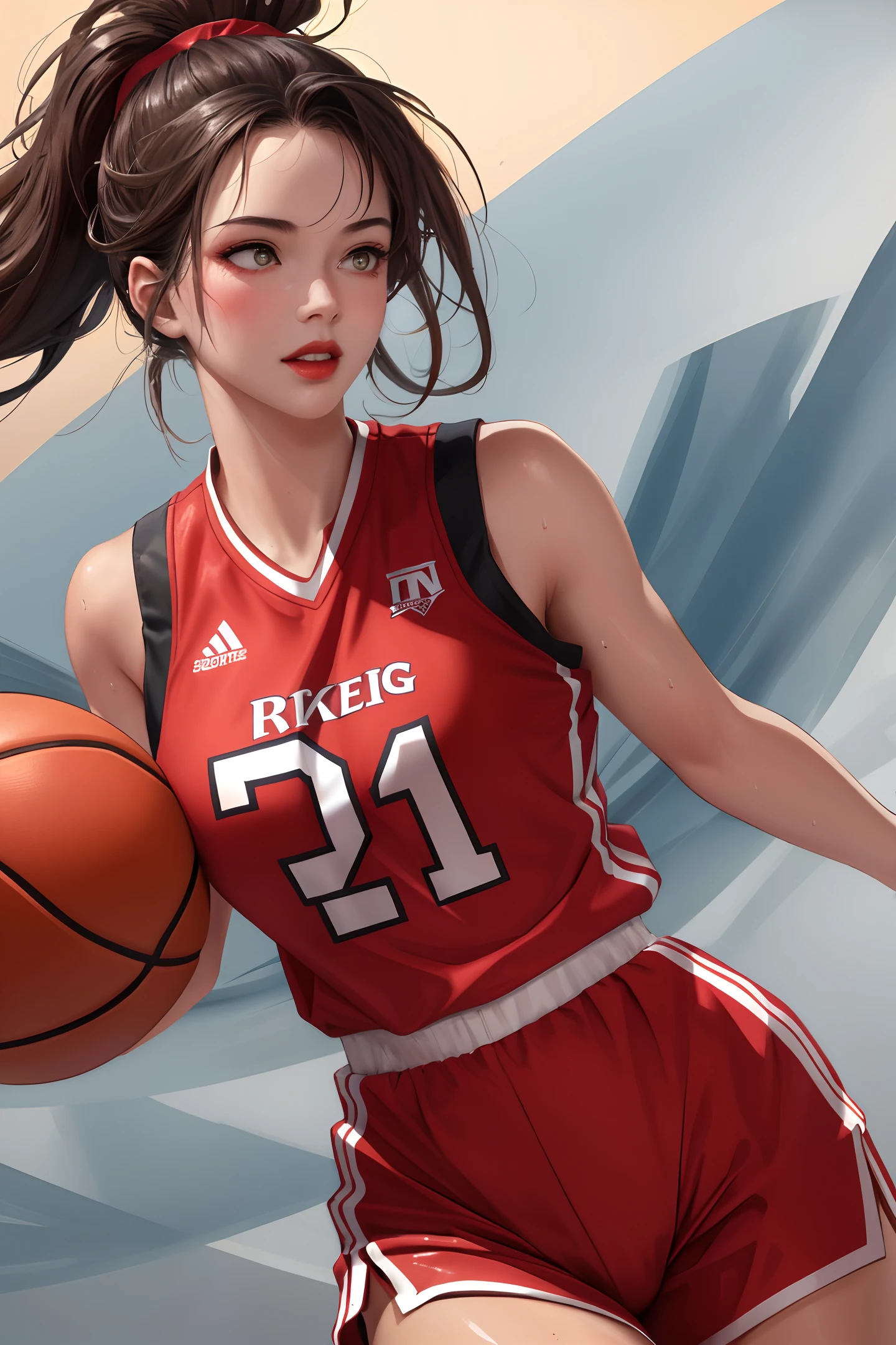 Masterpiece: 1.2, best quality), realistic, (real picture, rich details details, depth of field), (1girl, solo), makeup, cleft lip, high detail, perfect face shape, (big breasts: 1.4), (skindentation ), thick Thighs, wide hips, thin waist, tall, coral, red lips, red eyes, ponytail (girl playing basketball, red basketball uniform), (sweat: 1.2), (wet), sexy, blush,