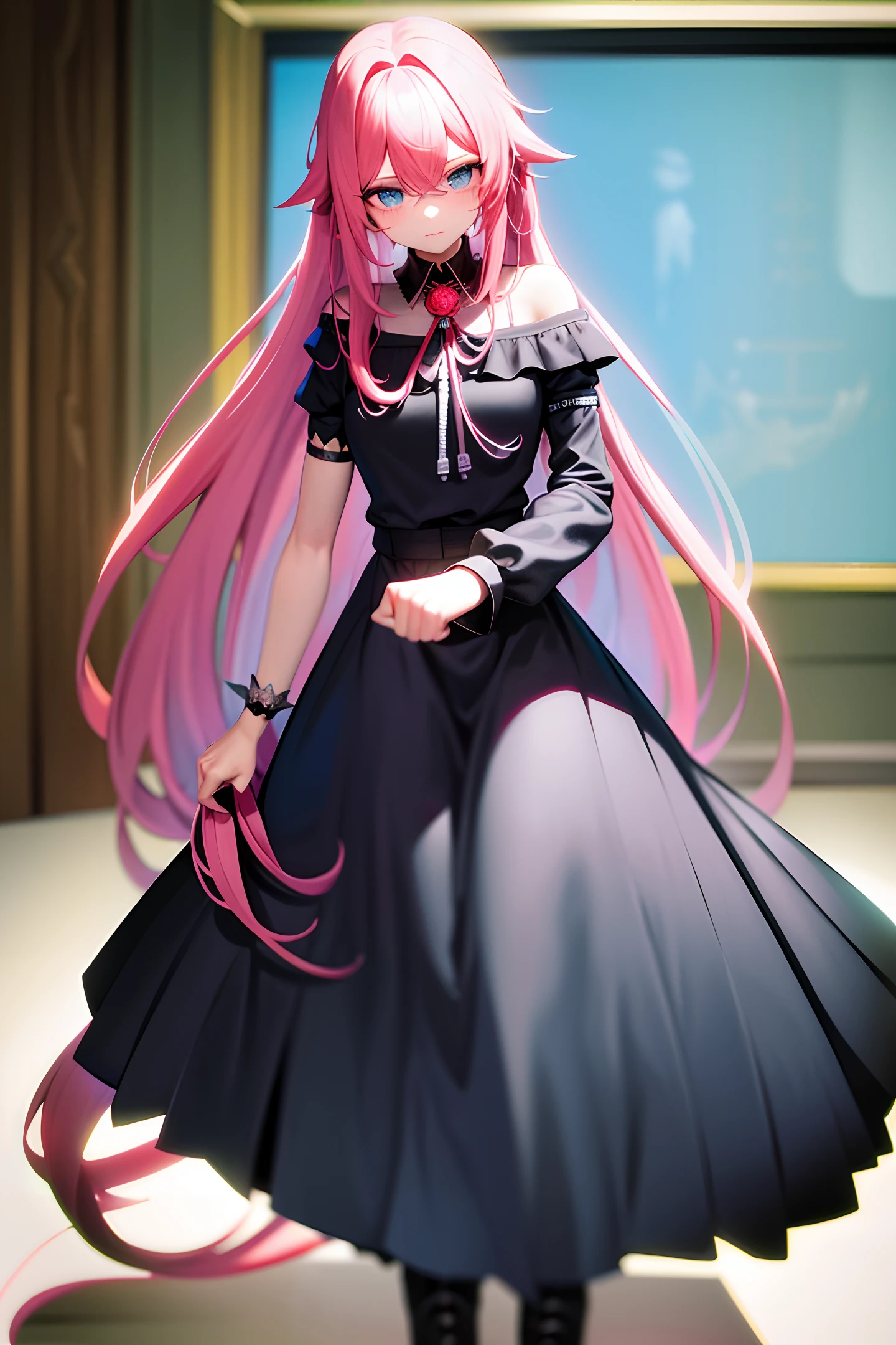 long pink hair, blue eyes, full body, high growth, adult,in the house,black rock guitar, grey skirt,depressed mood, good_hands,sweatshot,hitory_goto
