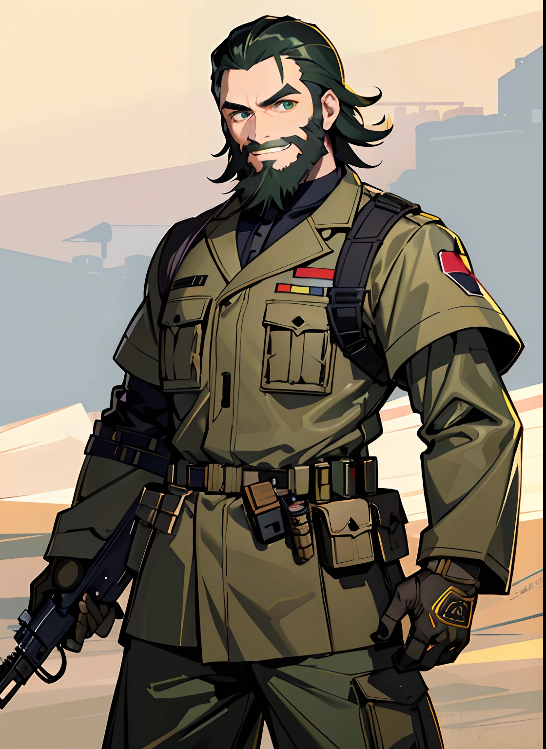 Man, (expressive eyes), (anime eyes), wearing modern desert color military equipment, (modern soldier), Slavic, (strong), (rugged), (piercing eyes) (green eyes), (jet black hair), (ammo belts), (smiling), (red cheeks), (large beard). Tatsuya Endo, Greg Rutkowski, Pixiv, Artstation