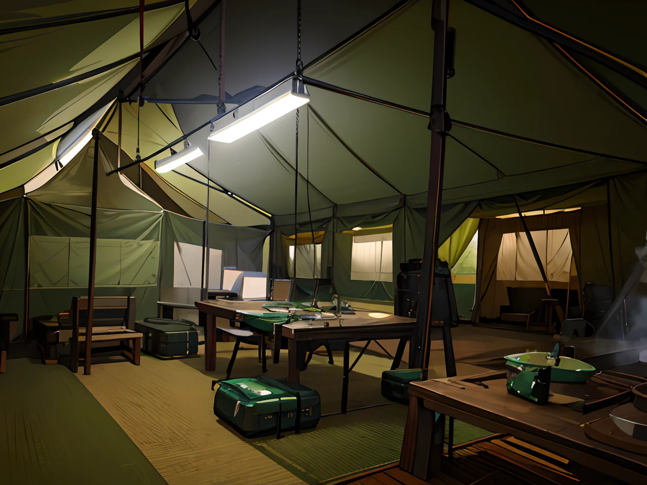 Military tent interior: (best quality). anime background, (wartorn), (green), (army). Tatsuya Endo, Greg Rutkowski, Pixiv, Artstation