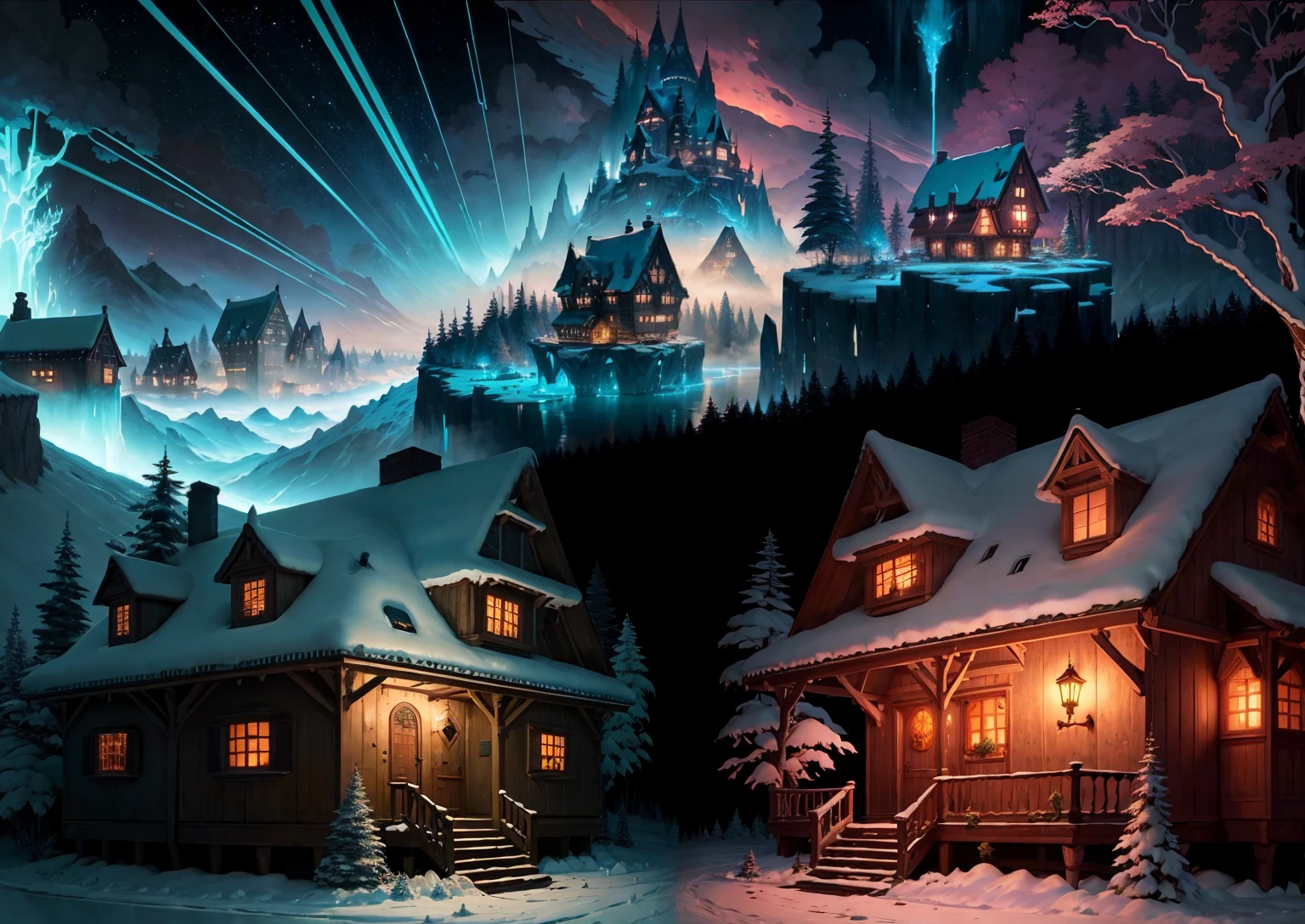 Animated landscape of forest houses at night, frosted paintings inspired by Andreas Rocha, ultra-realistic 8k natural earth location art with castles and magical effects, inspired by the Hildebrant Brothers, polycount contest winners, fantasy art, detail enhancement, super rich details, anime background art, anime country landscape, magic, anime landscape wallpaper, beautiful anime scenes, beautiful anime wallpaper.