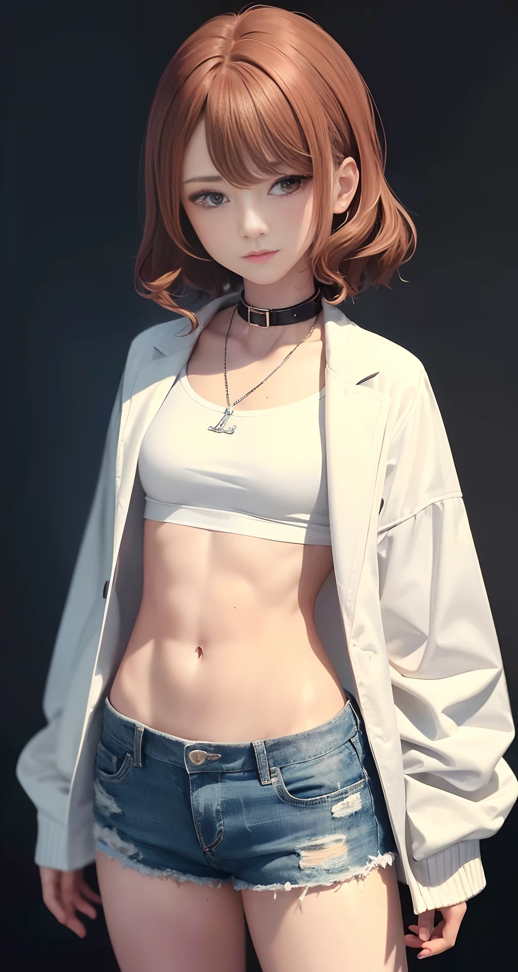 (medium chest, tomboy, small head)), (well-defined abs: 1.1), (perfect figure: 1.1), (short wavy hair: 1.2), auburn hair, collar, chain, full body shot, crowded street, wearing a white vest, denim jacket, (shorts)), (extremely detailed CG 8k wallpaper), (extremely delicate and beautiful), (extremely delicate and beautiful), (masterpiece), (best quality: 1.0), (ultra high resolution: 1.0), (ultra high resolution: 1.0), beautiful lighting, perfect flash Realistic shadows, [high res], delicate skin, ultra-detailed (((Colorful)))