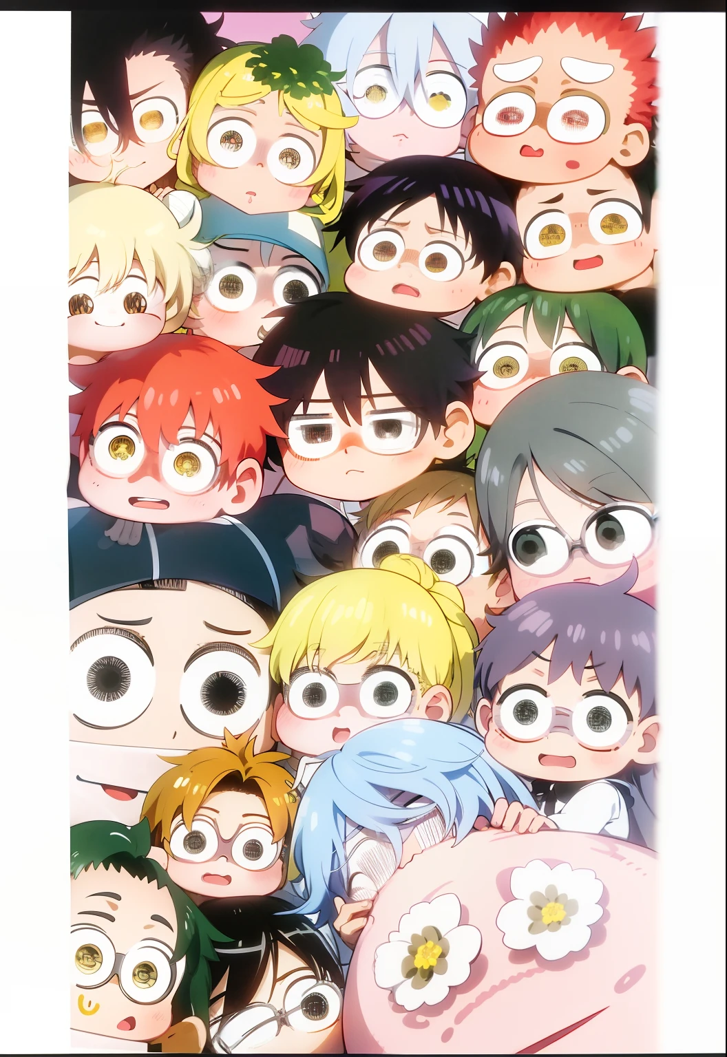 Anime characters gathered in large groups, with eyes everywhere, too many eyes, 🍁 cute, very crowded, lots of eyes, diverse eyes! Glowing Eyes Everywhere, Author: Yanagawa Nobusada, From Yowamushi Pedal, Crowded, by naka Bokunen, many heads, eight anime characters, flowers all around them, big, clear eyes.3d