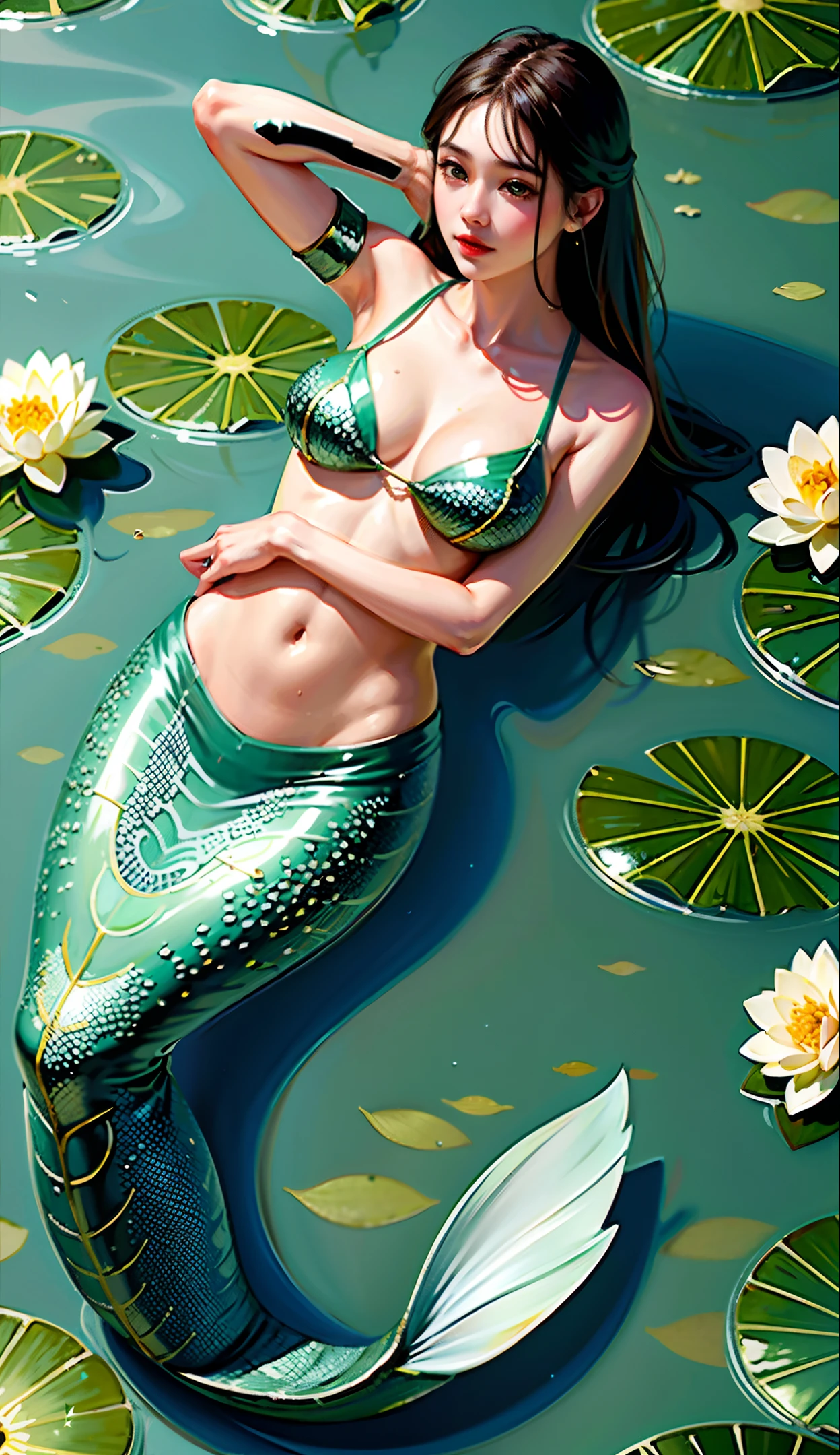 1girl, in the water full of lotus leaves and lotus flowers, a (mermaid) girl is staring at you right in the middle. Her eyes sparkle, beautiful wallpaper, real texture