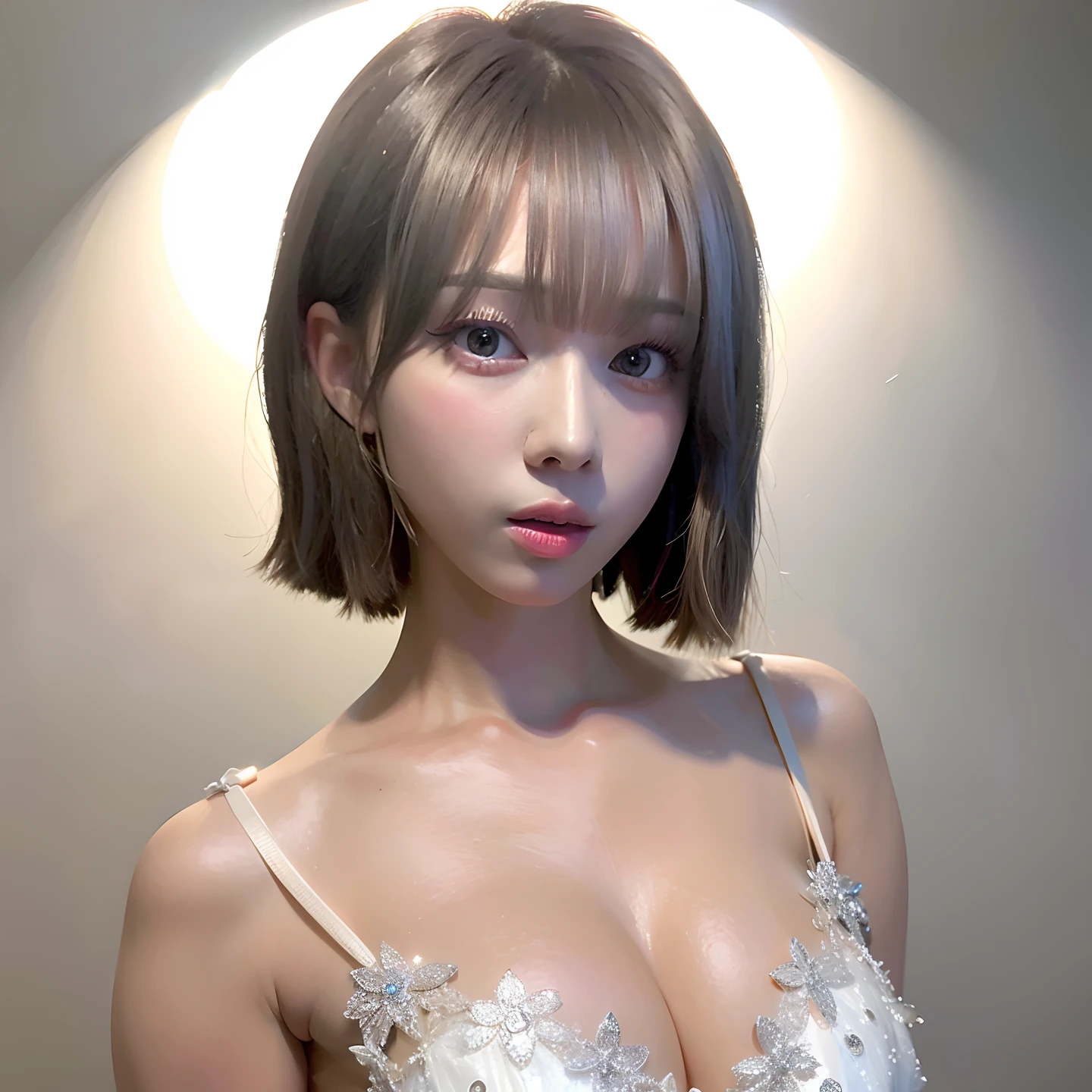 aespawinter, short silver hair, bangs, glowing skin, slim body, portrait, best quality, masterpiece, ultra high res,(photo realistic:1.4),professional lighting, at bed