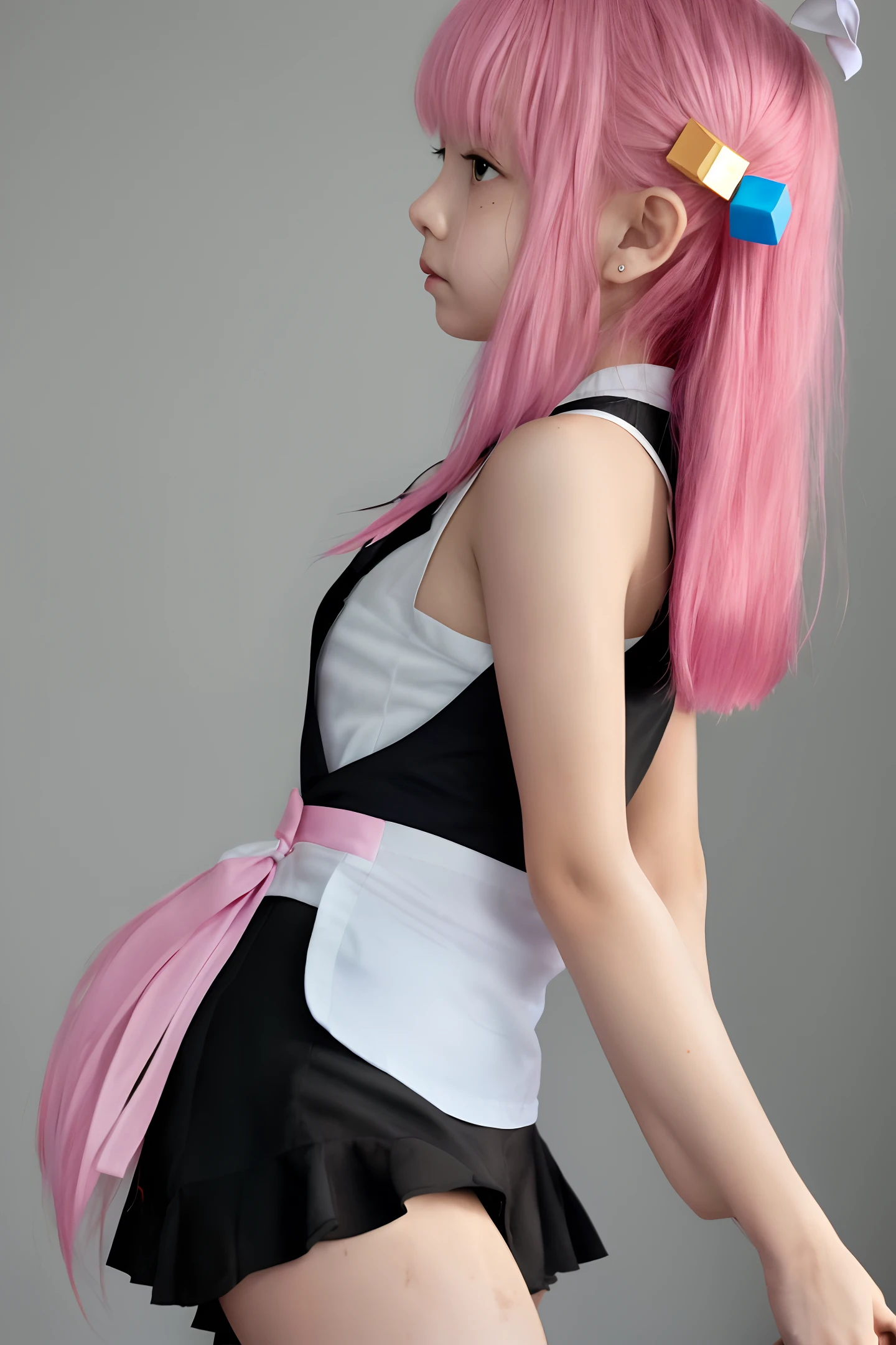 1 girl, apron, bow, cube hair ornament, dress, ruffles, gloom (expression), hair ornament, heart, heart-shaped arms, long hair, side view, athlete, one side up, pink hair, shaded face, shoes, short shorts, solo, sweat drop, hips, white hips, zettai ruiki,