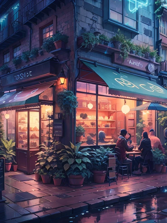 Anime cafe with plants and lights on a rainy night, cozy cafe background, pleasant and cozy atmosphere, coffee shop, cozy atmosphere, stylized urban fantasy art, cafe, anime background art, urban concept art, shops rich in details, Andreas Rocha style, fine digital art with details, Andreas Rocha's style, inspired by Andreas Rocha's style, inspired by Andreas Rocha's style, inspired by Andreas Rocha's style, inspired by Andreas Rocha's style, inspired by Andreas Rocha's style, inspired by Andreas Rocha's style, inspired by Andreas Rocha's style