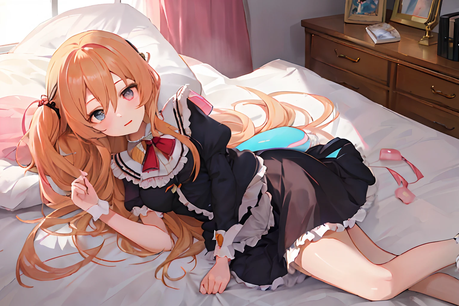  Anime girl with legs crossed in bed, splash art anime lolita, blonde anime girl with long hair, lolita in a dress, smooth anime CG art, cute girl's anime visual effects, anime art wallpaper 8k, 4k comic wallpaper, cute anime girl, anime art wallpaper 4k, 4k anime wallpaper.