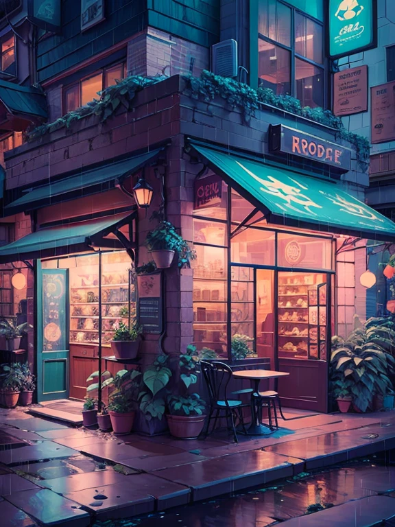 Anime cafe with plants and lights on a rainy night, cozy cafe background, pleasant and cozy atmosphere, coffee shop, cozy atmosphere, stylized urban fantasy art, cafe, anime background art, urban concept art, shop rich in details, Andreas Rocha style, inspired by Andreas Rocha's style, inspired by Andreas Rocha's style, inspired by Andreas Rocha's style, inspired by Andreas Rocha's style, inspired by Andreas Rocha's style, inspired by Andreas Rocha's style, inspired by Andreas Rocha's style Andreas Rocha's style, inspired by Andreas Rocha's style, Andreas Rocha's style inspired by Andreas Rocha's style, Andreas Rocha's style, inspired by Andreas Rocha's style