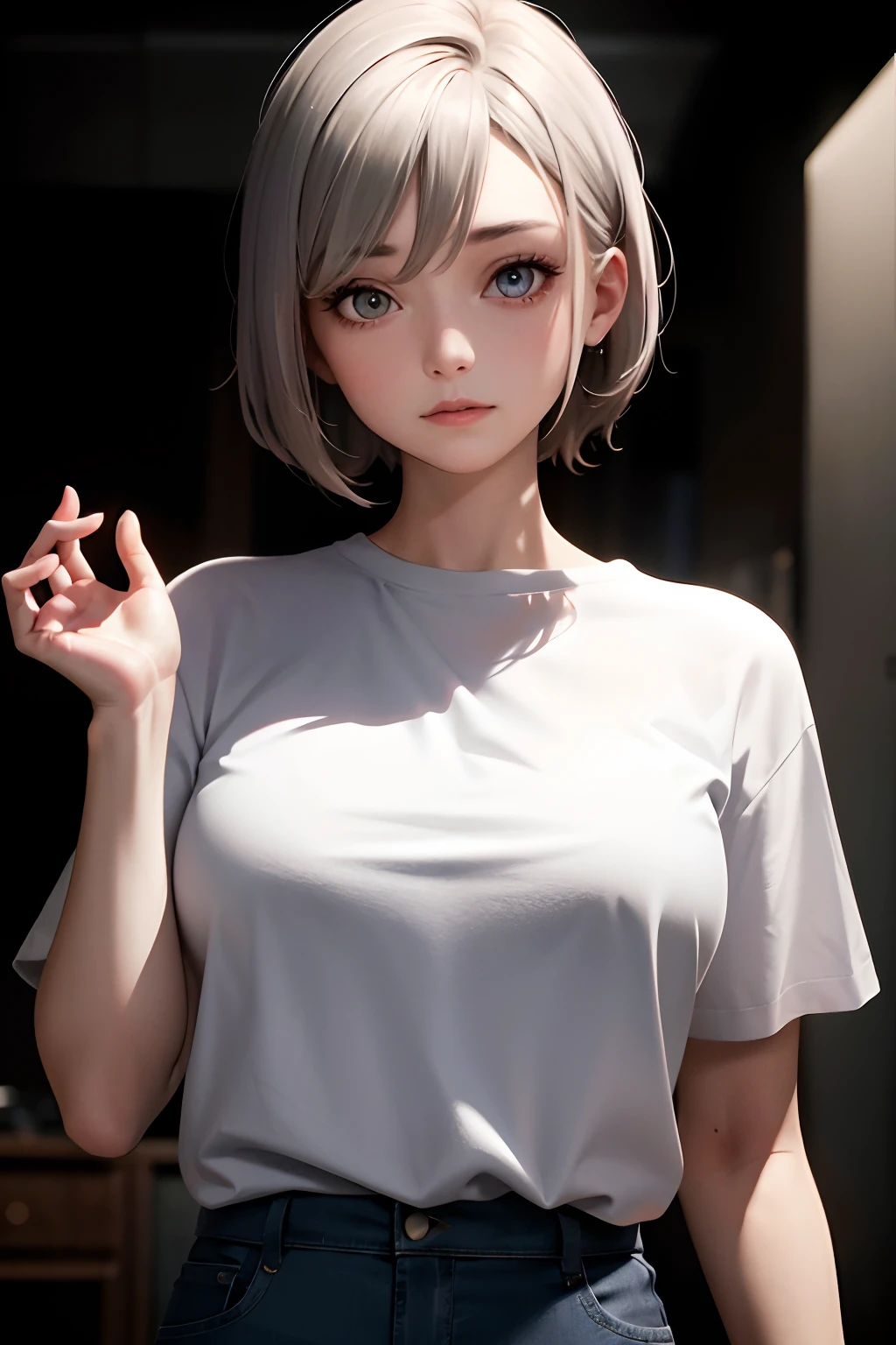 masterpiece, exquisite, 1 woman, upper body, gray hair, bright eyes, shirt,