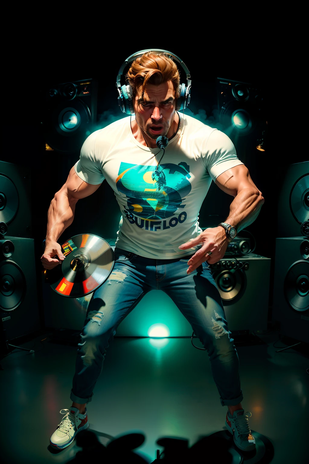 ((best quality)), ((super detail)), ((masterpiece)), photo, scene: equipped radio studio, theme: character: buffalo, appearance: DJ with headphones and microphone, action: dancing, facial expression: expressive, holds vinyl records, bright T-shirt, blue jeans, white sneakers, perspective: 4K.