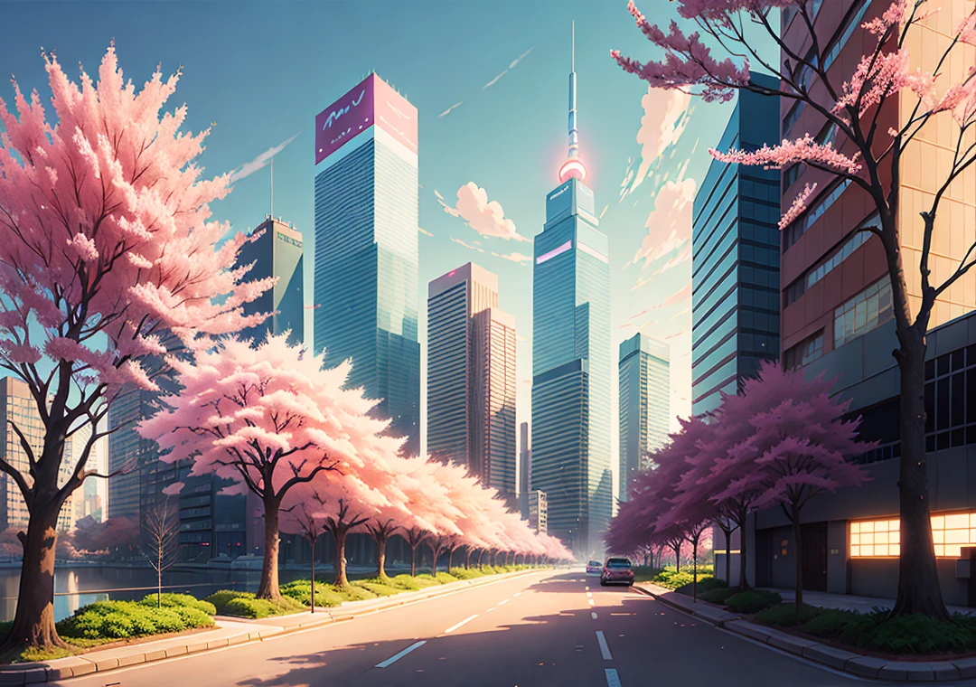 Here's a picture of a city with lots of cherry blossom trees, inspired by Makoto Shinkai's popular conceptual art on pixiv, aestheticism, beautiful anime scenes, anime aesthetics, spring cities, enhanced details, Tokyo anime scenes, anime background art, anime aesthetics, anime backgrounds, anime style cityscapes.