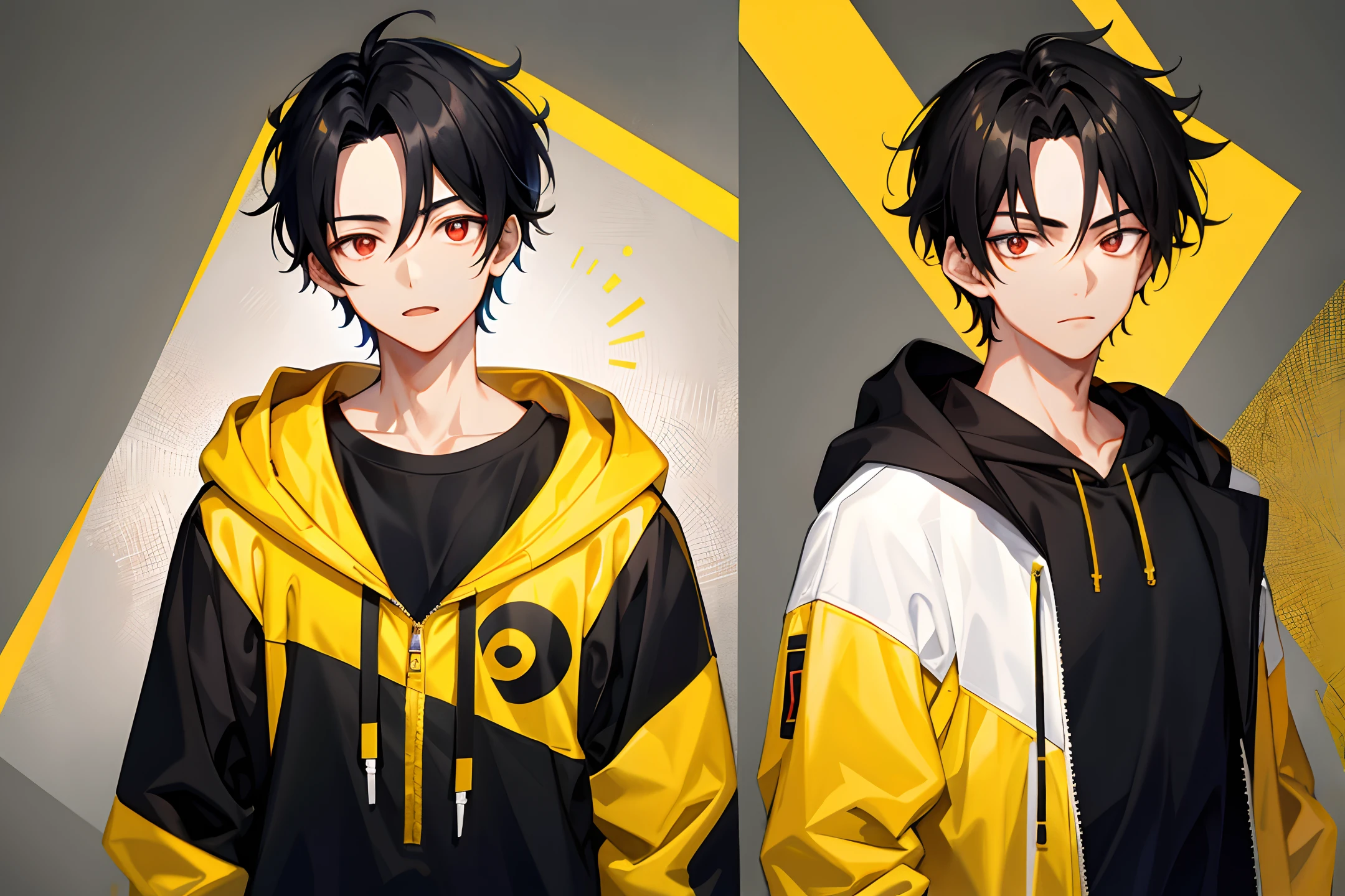 1 boy, handsome boy, black hair, comma hair, forehead comma hair, korean hair, street style, yellow hoodie, collor full background, shiny, Red eyes, looking at viewer, upper body
