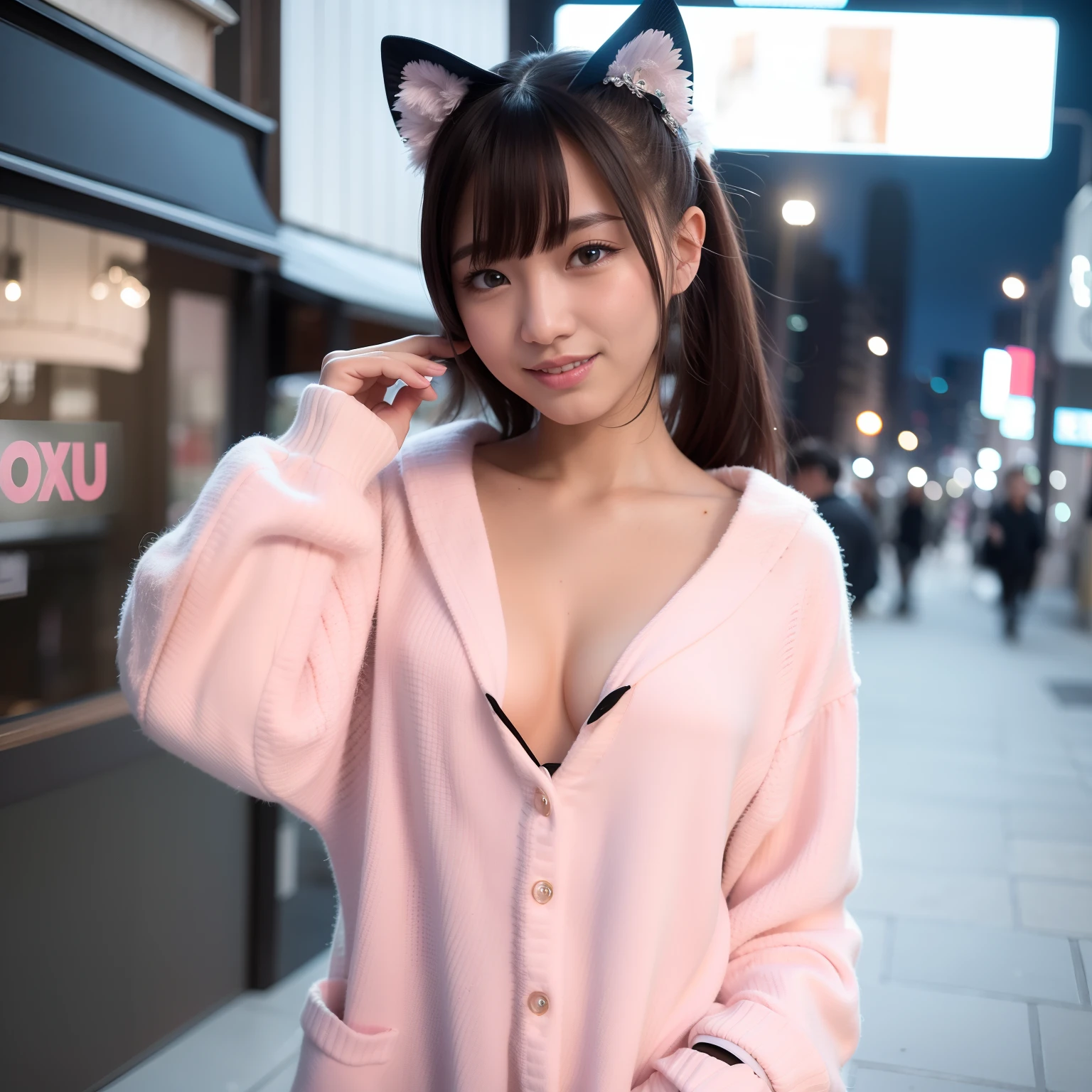 (8k, Top Quality, Masterpiece:1.2), (Realistic, Photorealistic:1.37), Super detailed, 1 girl, Cute, Solo, Beautifully detailed sky, Detailed cafe, Sitting, Dating, (Nose blush), (smile: 1.15), (closed mouth), film grain, fujifilm xt3, (ulzzang-6500: 0.3), nude, model shooting style, nsfw, beautiful detailed eyes, (medium long hair: 1.2), floating hair, NovaFrogStyle, white skin, cinematic light, night street, street light