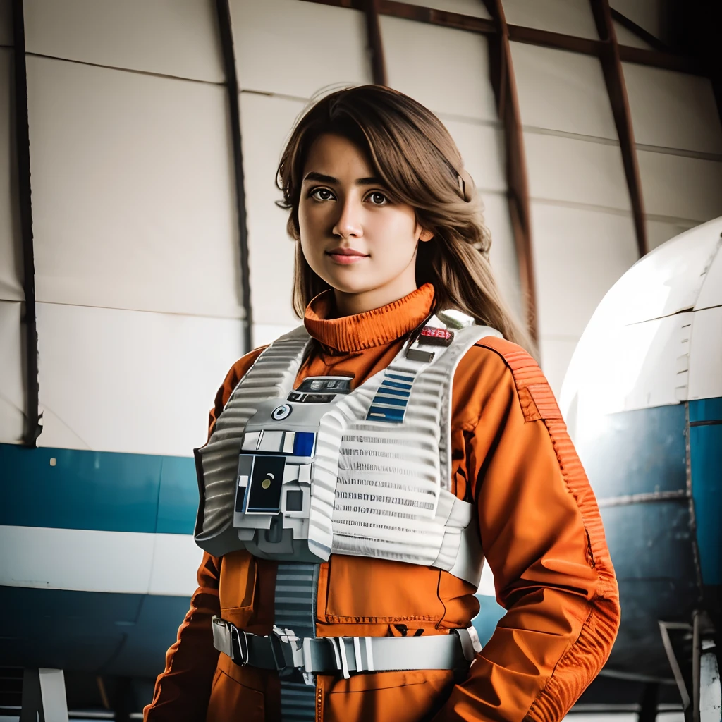 Woman in rebel pilot suit in Air Force hangar, very long hair, RAW photo, 8k UHD, DSLR, soft lighting, high quality, film grain, Fujifilm XT3
