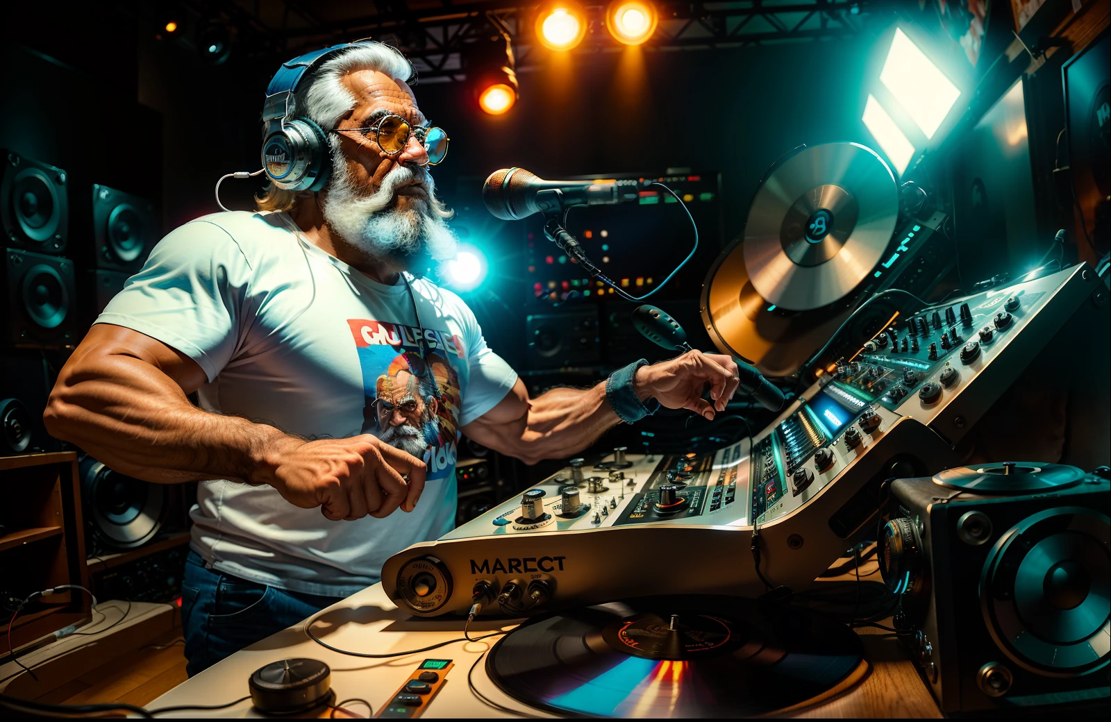 ((best quality)), (super detail)), ((masterpiece)), photo, scene: equipped radio studio, theme: character: old buffalo, appearance: DJ with beard, headphones and microphone on a stand, action: dancing, facial expression: expressive, holds vinyl records, bright T-shirt, blue jeans, white sneakers, perspective: 4K.